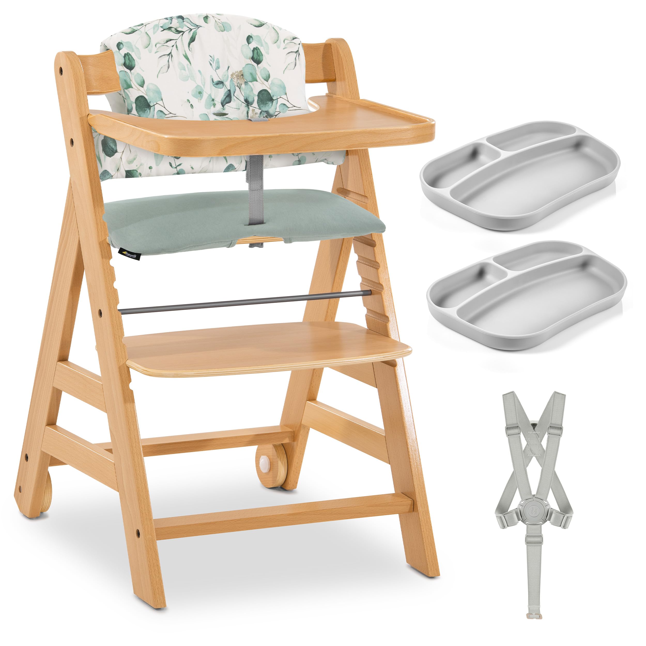hauck Alpha Plus Move Set de Tronas de Bebe de Madera con Bandeja - Cojín y 2 Platos de Silicona - Silla Evolutiva con Ruedas - Natur/Leaves Mint