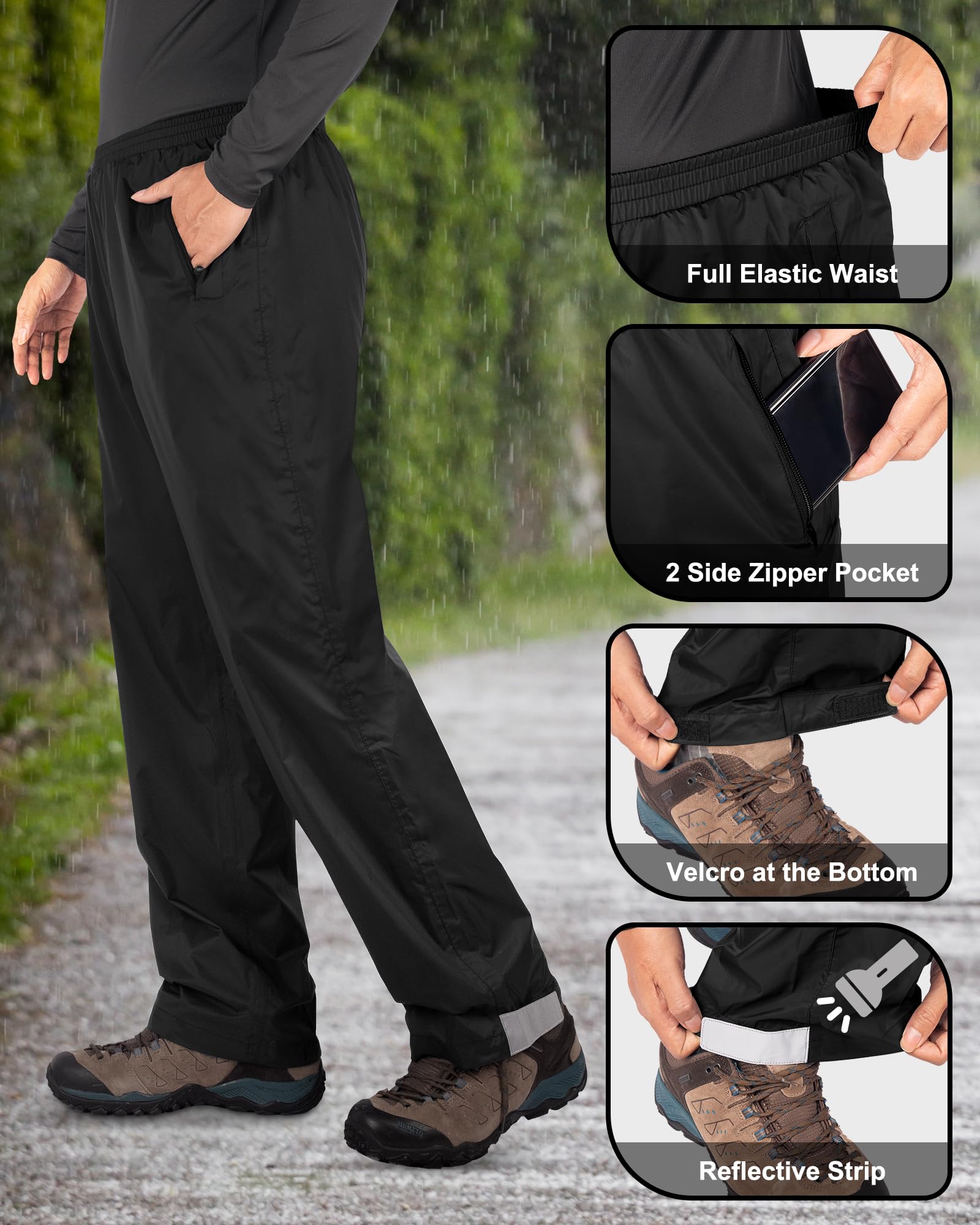 33,000ft Pantalones de lluvia plegables para hombre, impermeables, ligeros, resistentes al viento, reflectantes, para senderismo, golf, pesca al aire libre