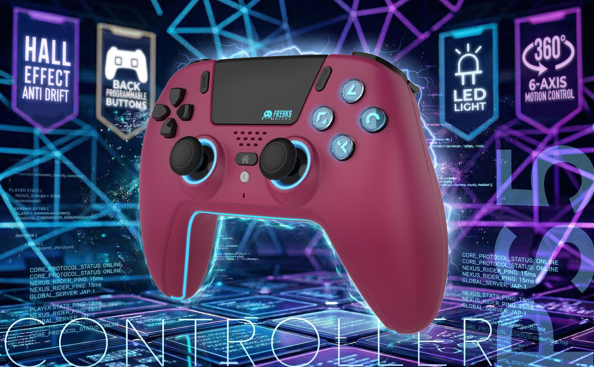 Freaks and Geeks-Manette Bluetooth pour PS5 LED Hall Effect - Cherry Red