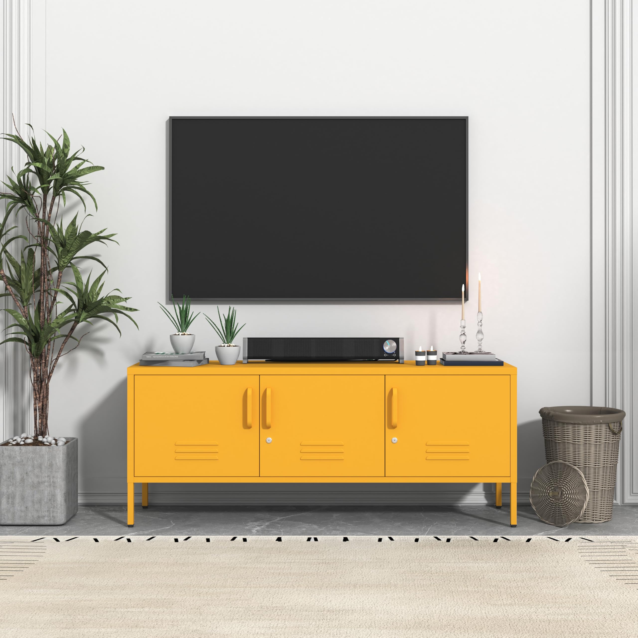 Metal Storage Cabinet with Lockable TV Cabinet 3-Door Storage Cabinet Adjustable Shelf for Home Office Living Room Yellow 13.77" D x 47.3" W x 21.7" H