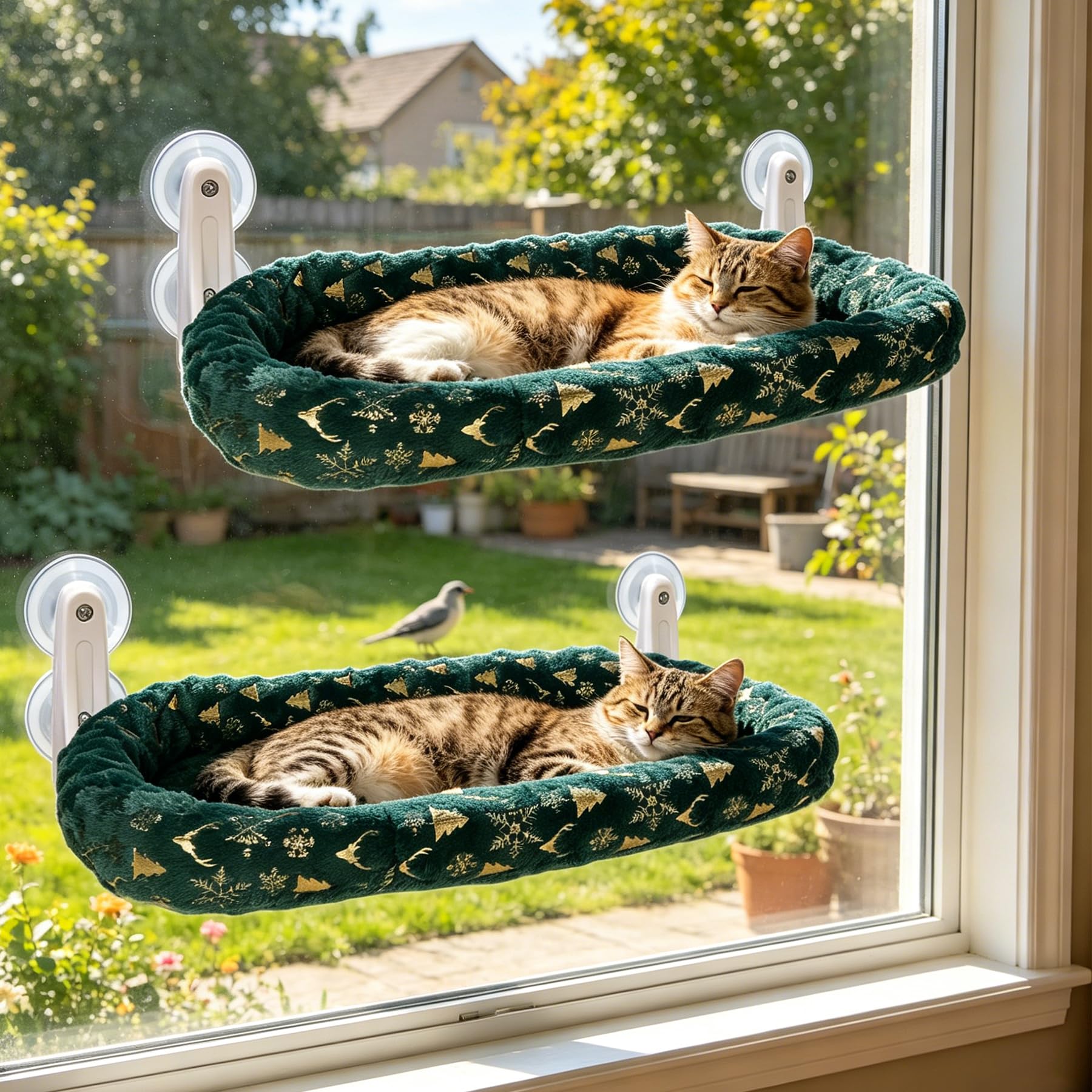 L&amp;W BROS. 2-Pack Foldable Cat Window Perches with Christmas Cushion Bed Easy to Assemble Cats Hammock for Window, Warm Indoor Cat Beds for Large Cats, Edition(L Green)
