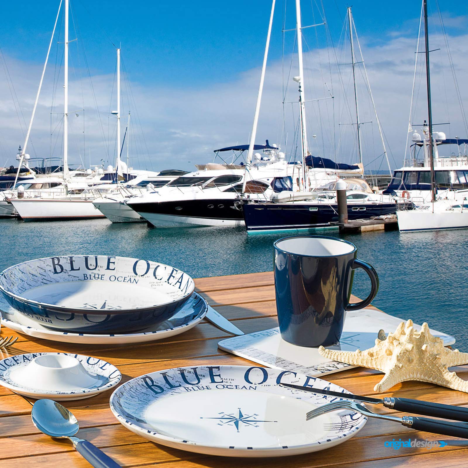 BRUNNER Melamin-Geschirr Campinggeschirr (12 Teilig) BLUE OCEAN MIDDAY | Antislip (Antirutsch), 4 Personen, Leicht, Bruchfest, Teller & Schüsseln, Wohnmobil Wohnwagen & Boot & Grill + Picknick