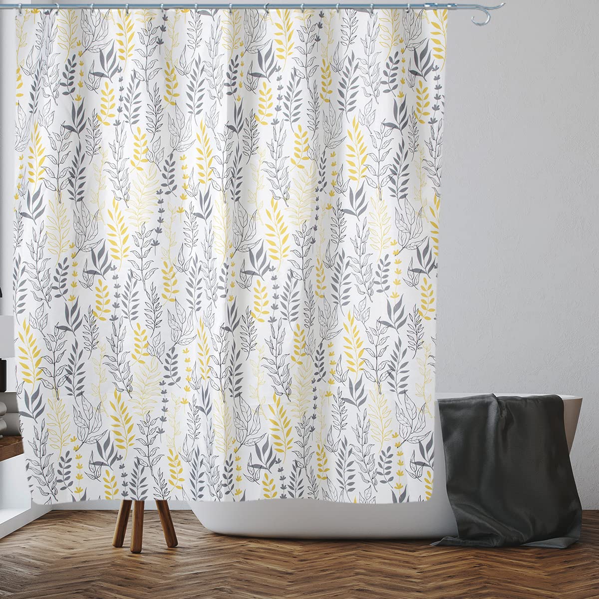 VIROSA Grey/Yellow Leaves Shower Curtain for Bathroom Anti Mould, Mildew Resistant | Size 28 x 18 X 5 cm | Water Repellent Fabric | 100% Polyester โ image 1