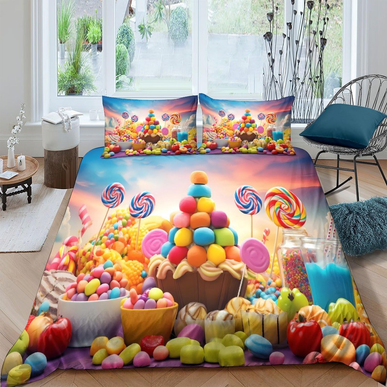 Ctjqhvkz Style-6 3D Printed Candy Land Fitted Sheet Microfiber Soft Colorful Sweets Bed Cover Bedroom Guest Room Mattress Protector Single（135X200cm）