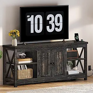 DWVO Farmhouse TV Stand with Power Outlet for TVs up to 65 Inch, Entertainment Center with Adjustable Shelf and Open Shelves, Media Console TV Cabinet for Living Room, Dark Rustic Oak, 59 Inch