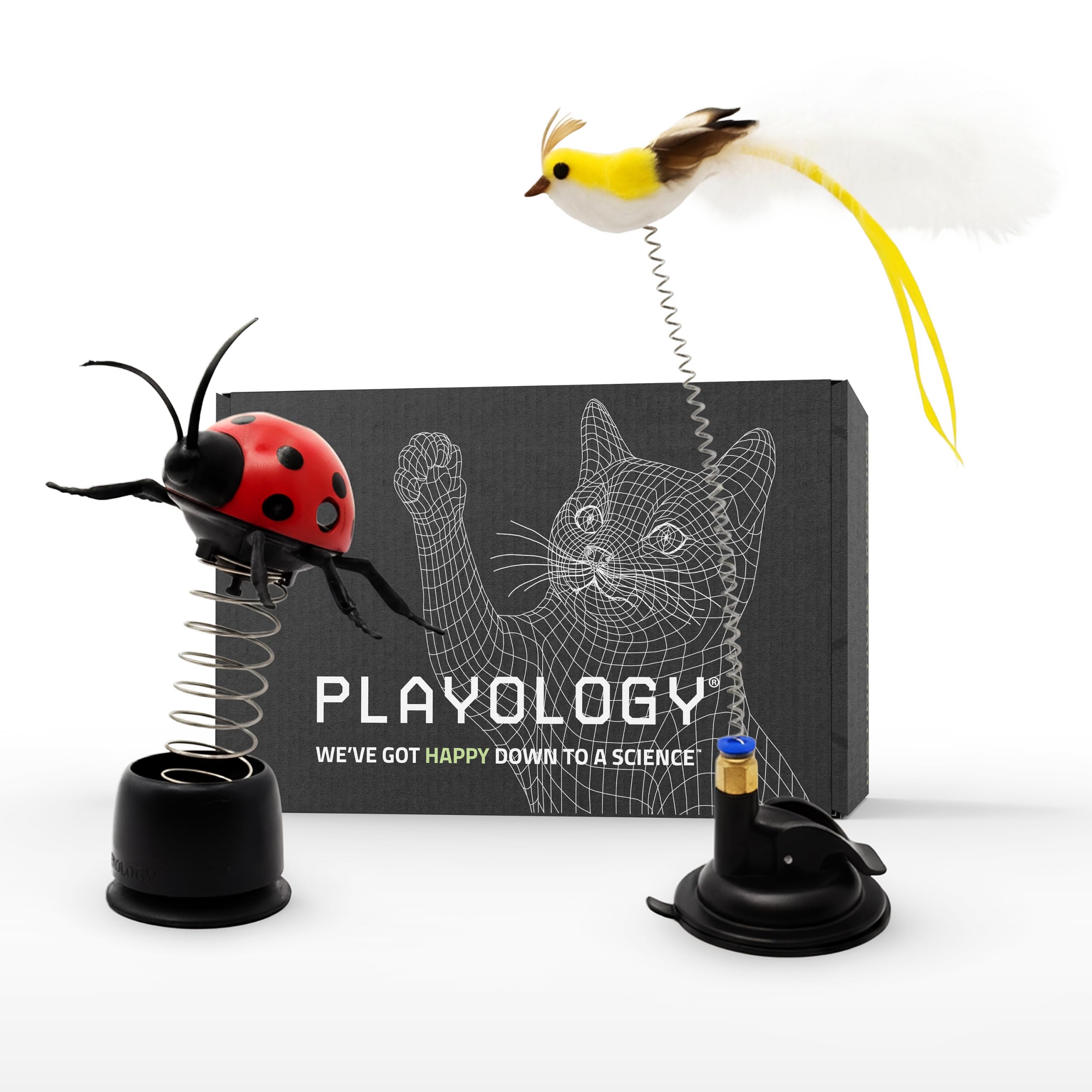 Playology Katzenspielzeug | Limited Edition Spielzeug - Saugnapf Springbird mit Federn & Pop-Up Marienkäfer-Leckerli | Interaktiver Spaß für Indoor-Katzen