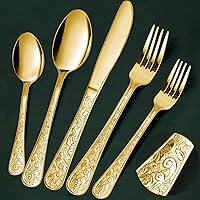 Vista 9 de Meythway - Juego de 40 piezas de cubiertos tallados en negro vintage de acero inoxidable para 8, juego de cubiertos planos