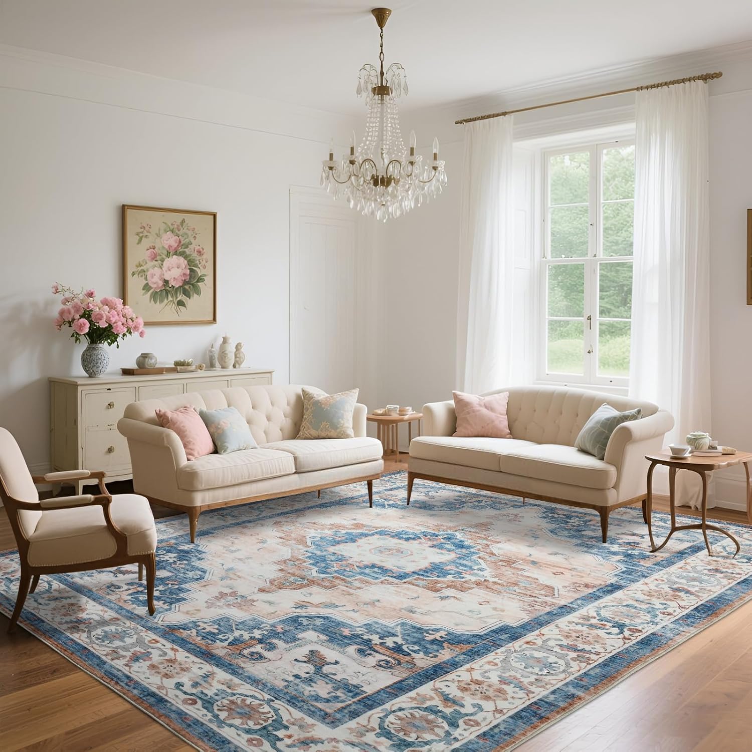 Area Rugs 6x9 for Living Room,Vintage Boho Aethestic Distressed Design, Non-Slip Backing Low-Pile Washable Soft Printed Rug for Bedroom Dining Room Nursery Farmhouse (Blue&Brown, 6x9)