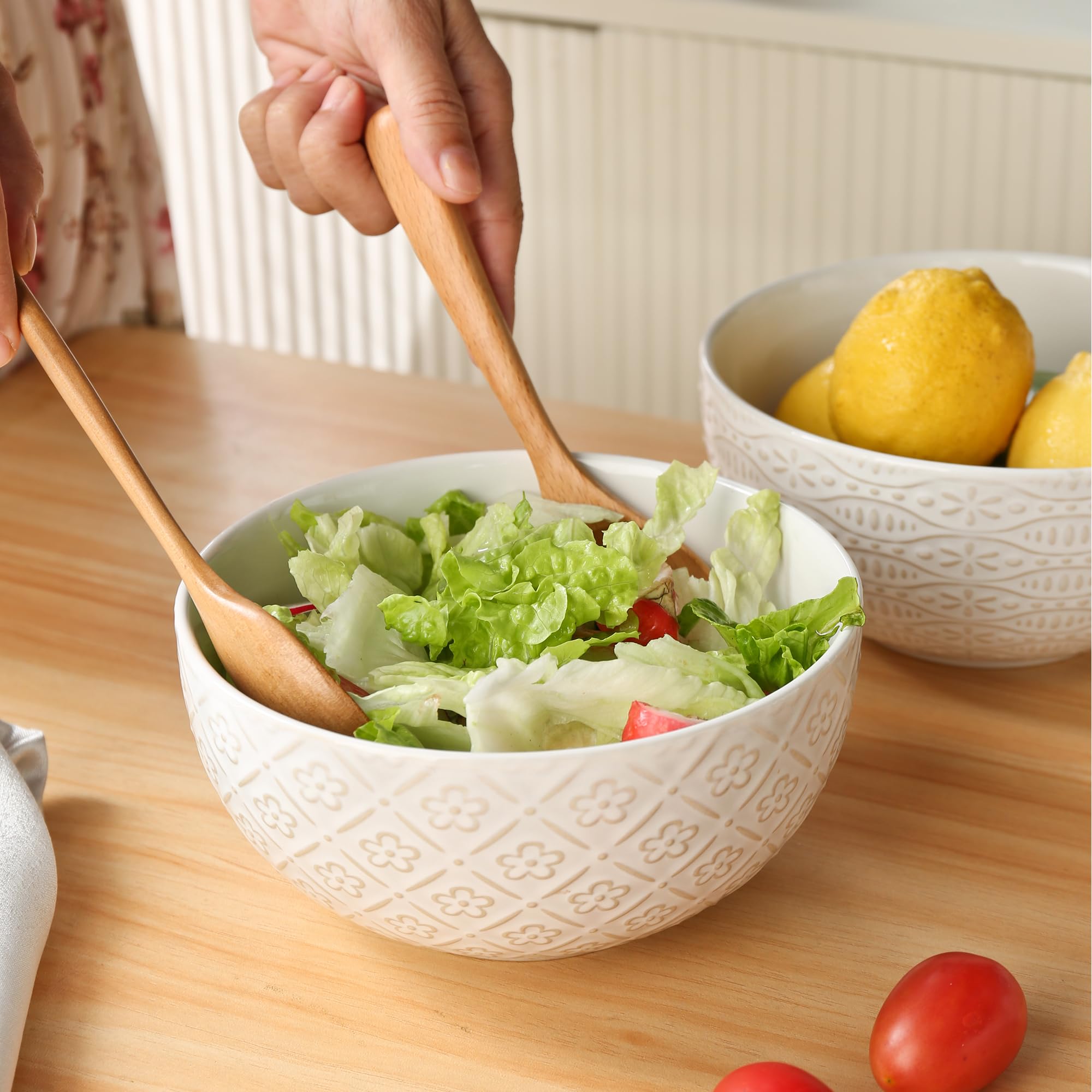 Große Müslischalen, Bauernhaus-Prägung, Keramik, Salatschüsseln für Suppe, Servieren, Obst, Snack, Nudeln, Ramen, Pho, Mikrowellen- und spülmaschinenfest, 17,5 cm, Weiß, 4 Stück