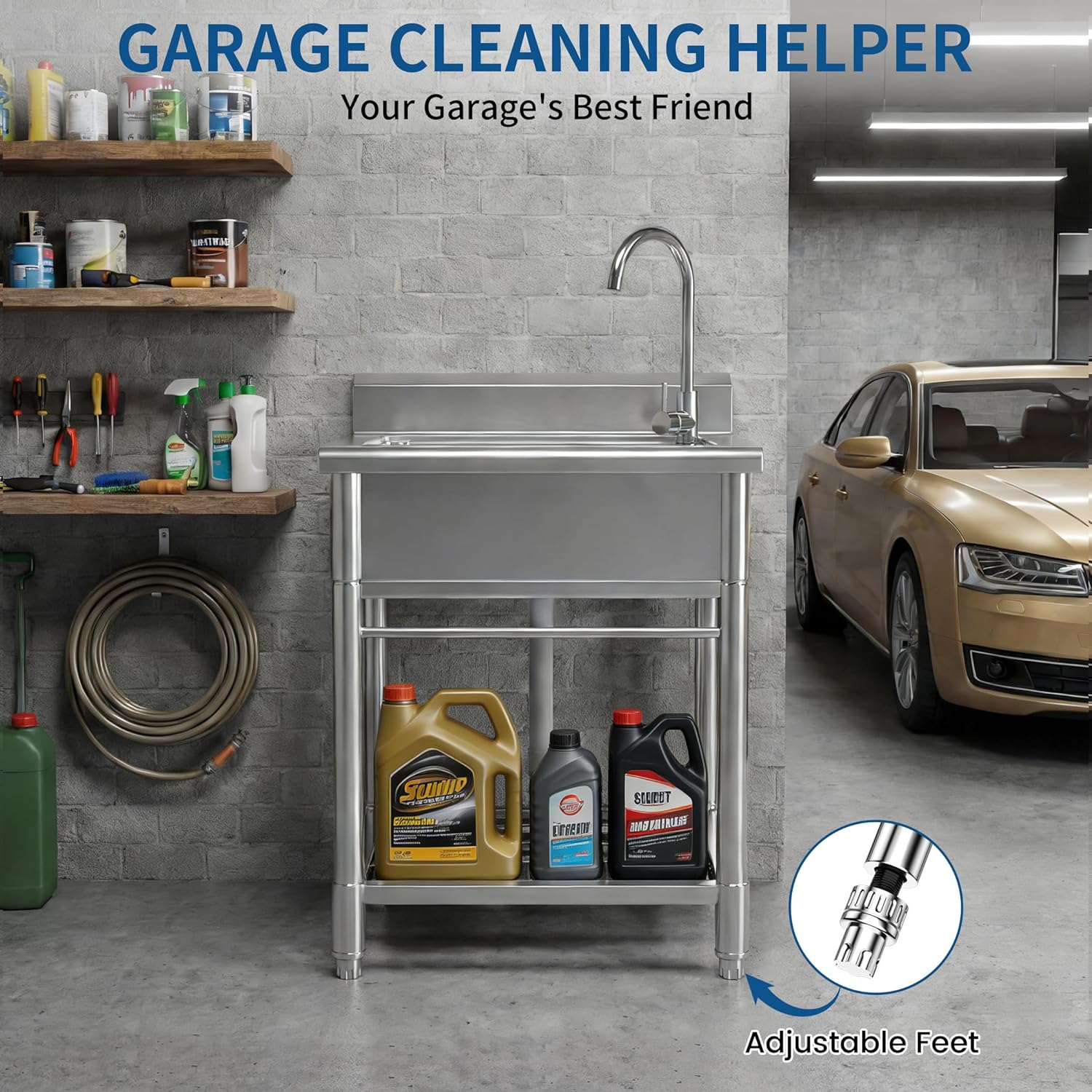 Utility Sink Stainless Steel Sink, Free Standing Single Bowl with Cold and Hot Water Pipe for Work Shop Garage Basement Outdoor Kitchen (Handemade R10 Bowl)