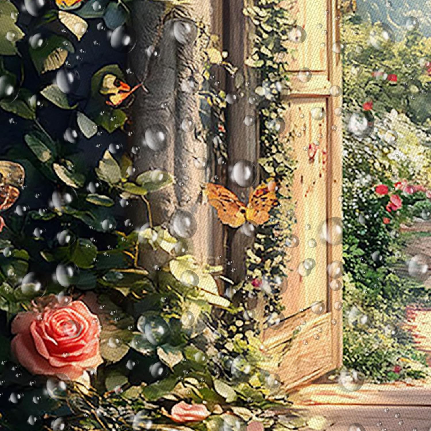 Fantasy Rose Garden Shower Curtain Retro Gothic Arched Door Fairy Wonderland Forest Floral Butterfly Vine Plant Tale Spring Nature Landscape Polyester Fabric Bathroom Curtain with Hooks