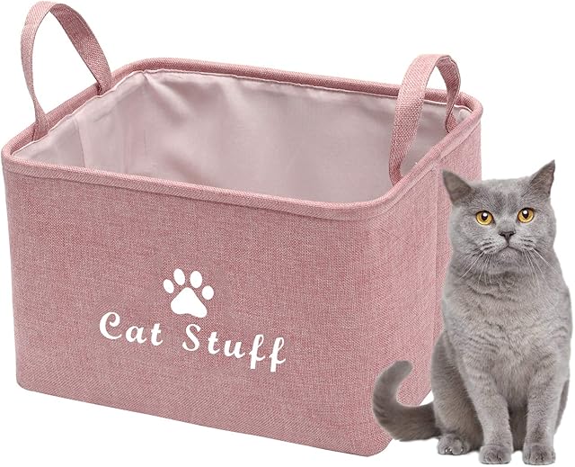 Pethiy Canvas Cat Toy Storage Cat Toy Basket Box for cat toy bins,cat Blanket, Cat Clothes Storage - Pet Toy and Accessory Storage Bin-Pink-Cat Stuff