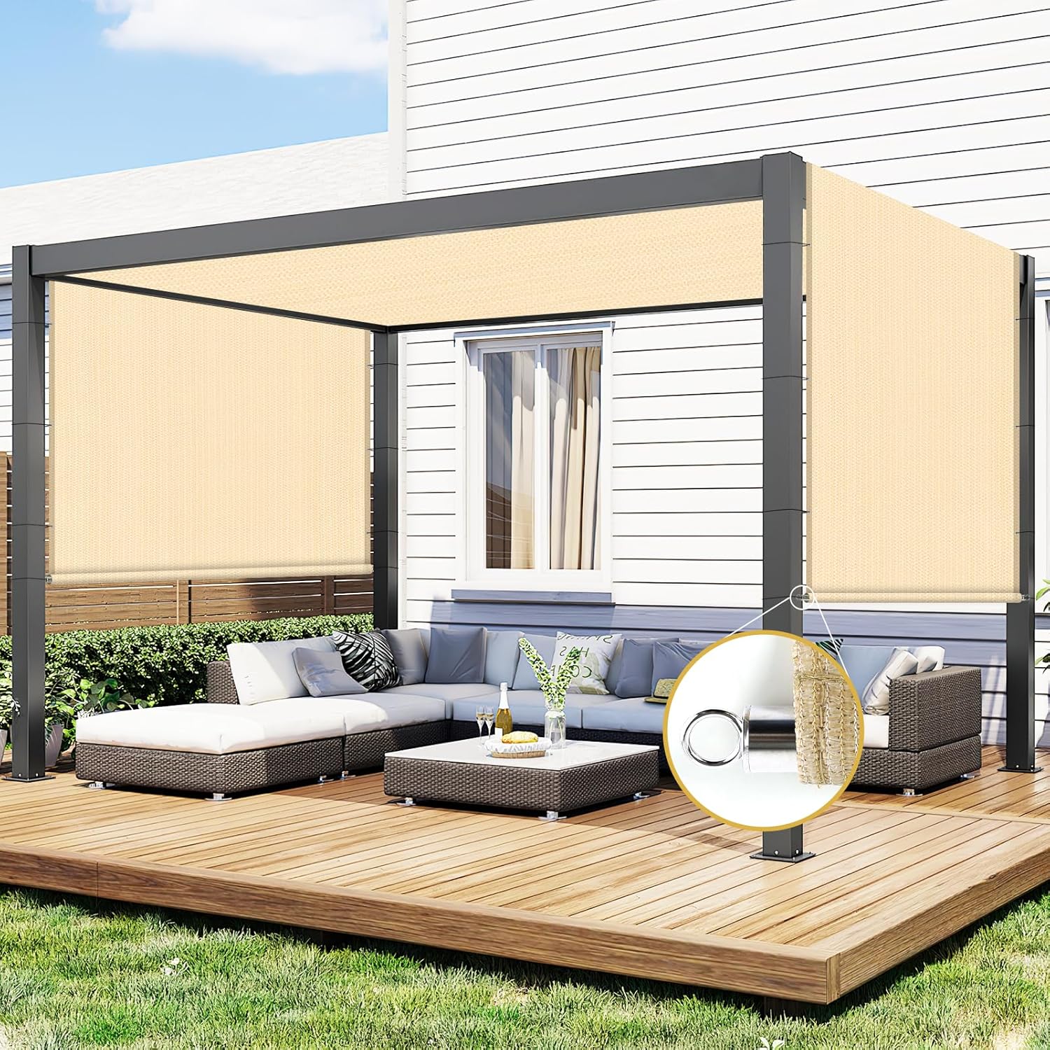 Shade&Beyond 9'x16' Pergola Shade Cover with Weighted Rods & Grommets, 90% UV Block Outdoor Sun Shade Cloth Canopy Replacement Cover for Patio Porch, Wheat