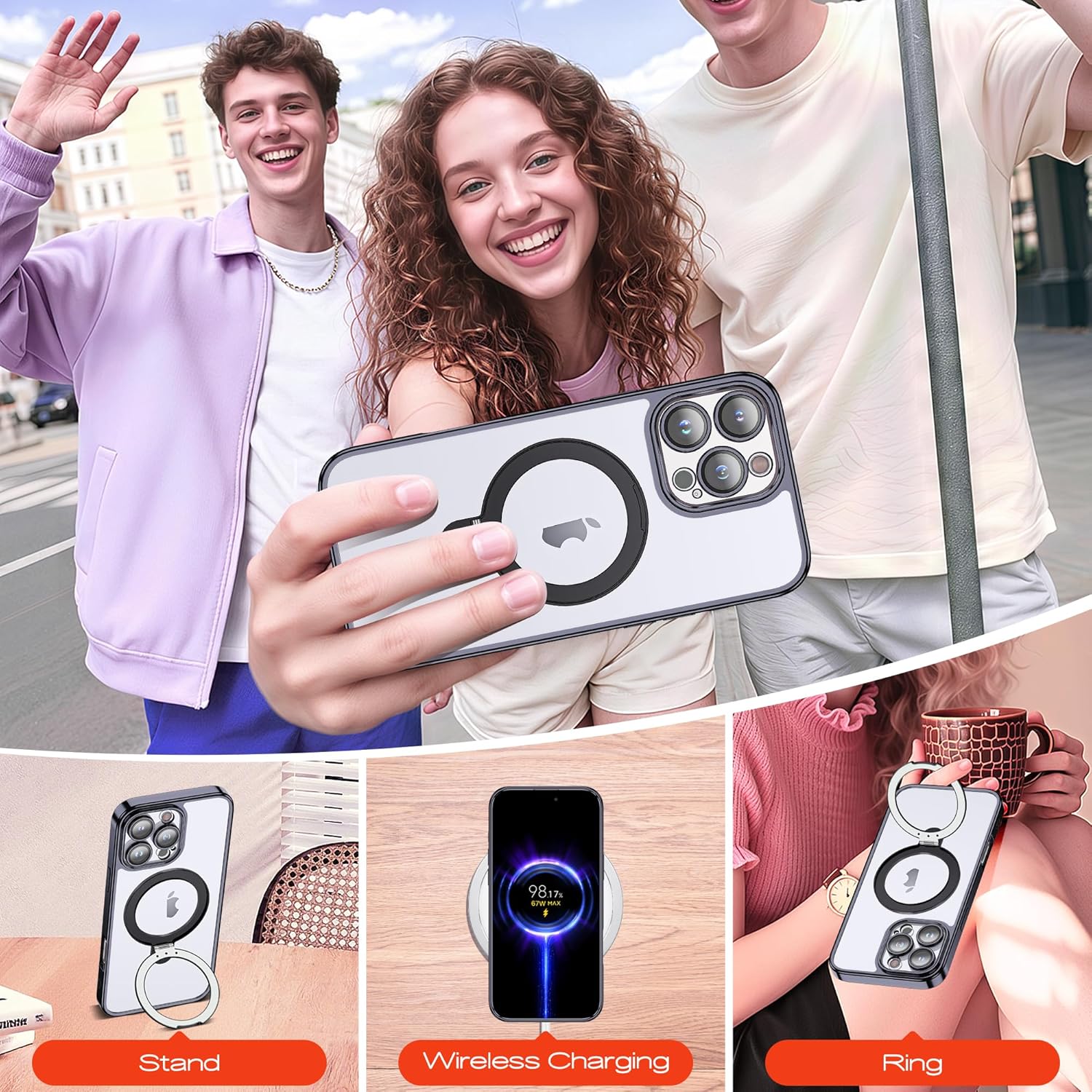 Compatible with iPhone 16 Pro Case with Magnetic Ring Stand [Camera Len Protectors][Compatible with Mag-Safe] Clear Plating Phone Case for iPhone 16 Pro 6.3",Black