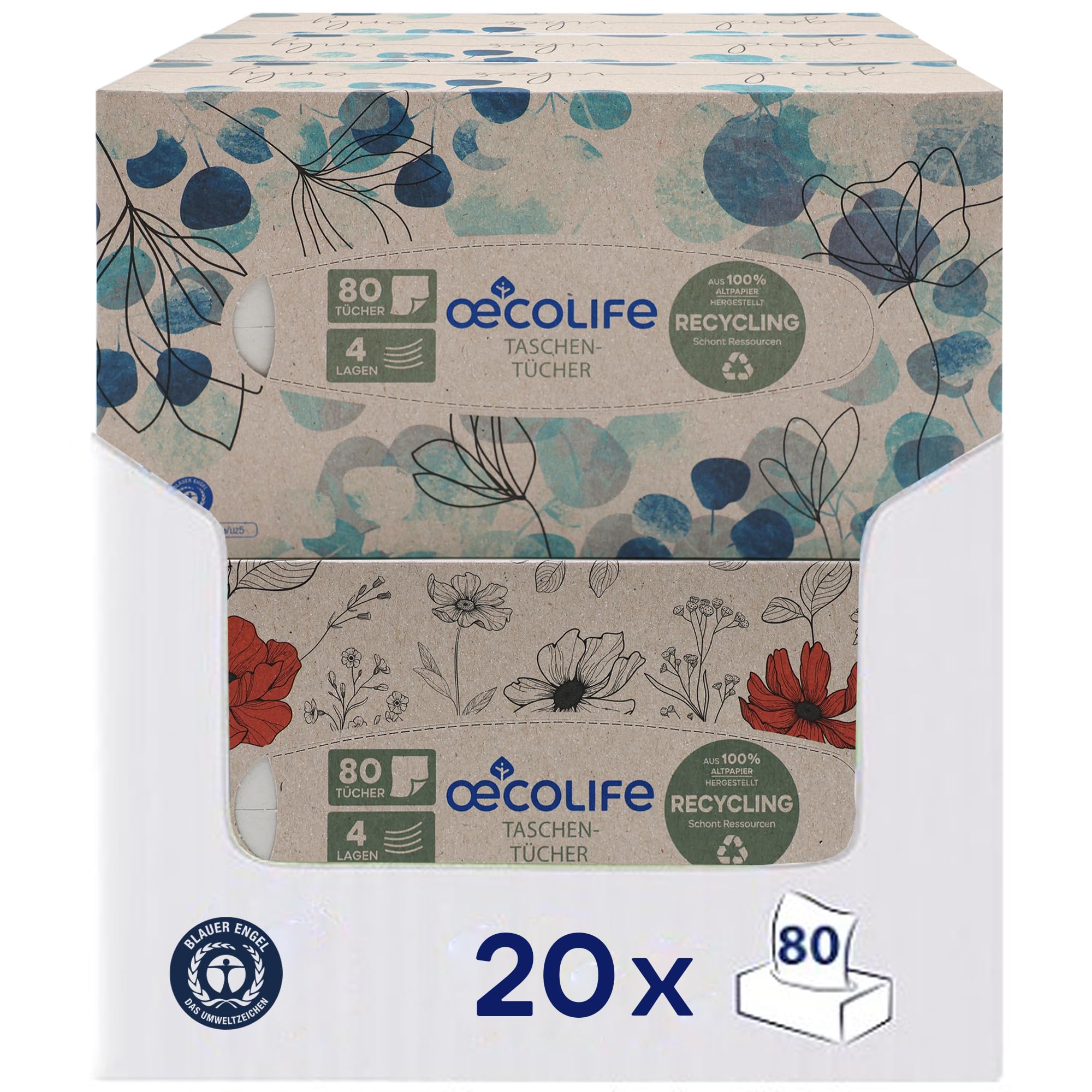 œcolife Taschentücher Recycling, 4-lagig, 1600 Tücher, 20 Packungen à 80 Stück, Recyclingpapier