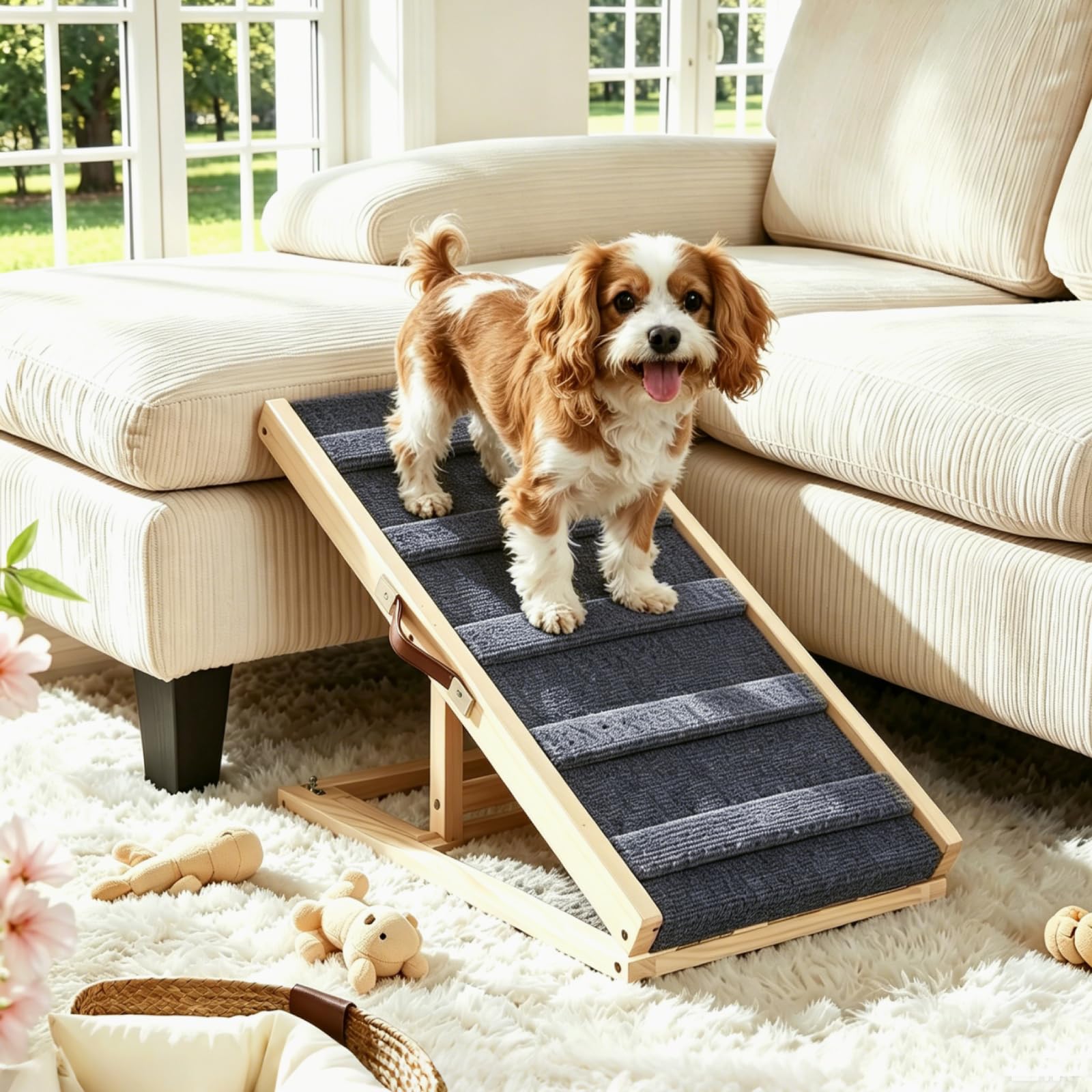 ZBAOLTO Dog Ramp for Sofa, Wooden Height Adjustable Pet Ramp for Small Dogs with Non-Slip Traction Mat, Portable Folding Climbing Ladder for Low Bed, Couch