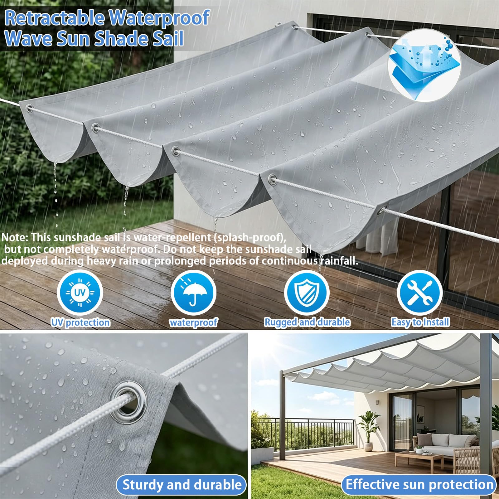 Einziehbare Welle Sonnensegel, Verstellbar Schattenabdeckung mit Kordel und Ösen, Wasserdicht Outdoor Pergola Sonnenschutz Markise für Balkon Garten Terrasse Überdachung-Light Gray||180x300cm