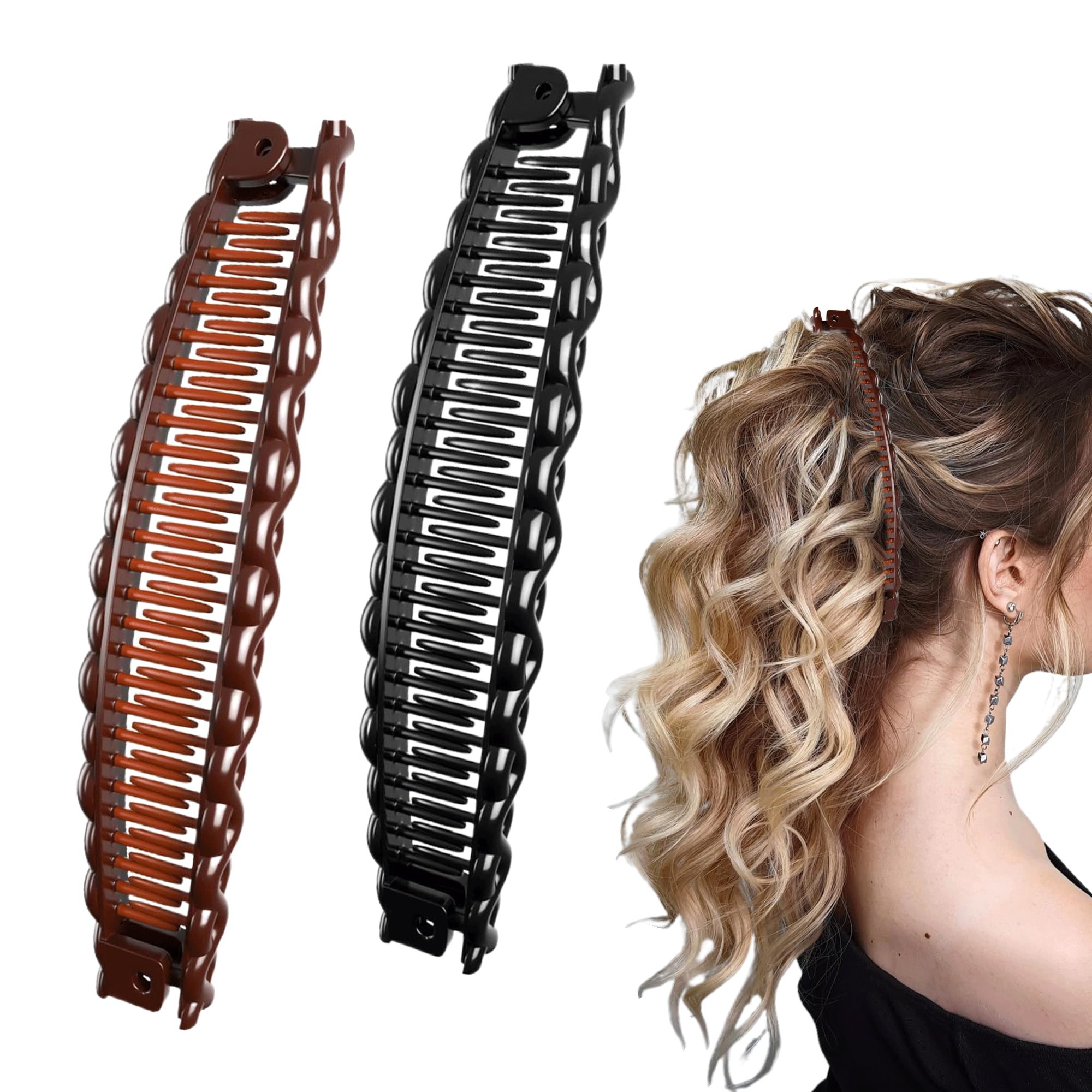 2PCS Vintage Banana Hair Clip - Double Comb Long Hair Clips, Lightweight Black & Brown for Thick Hair, Work, School, Parties & Everyday Wear