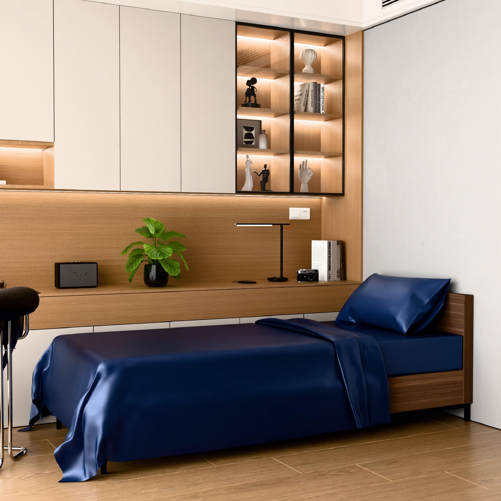 FLEXISPOT Ultra-Soft Satin Sheets Twin Size Bed Set Luxury Soft Navy Blue Silky Sheets for Hair and Skin