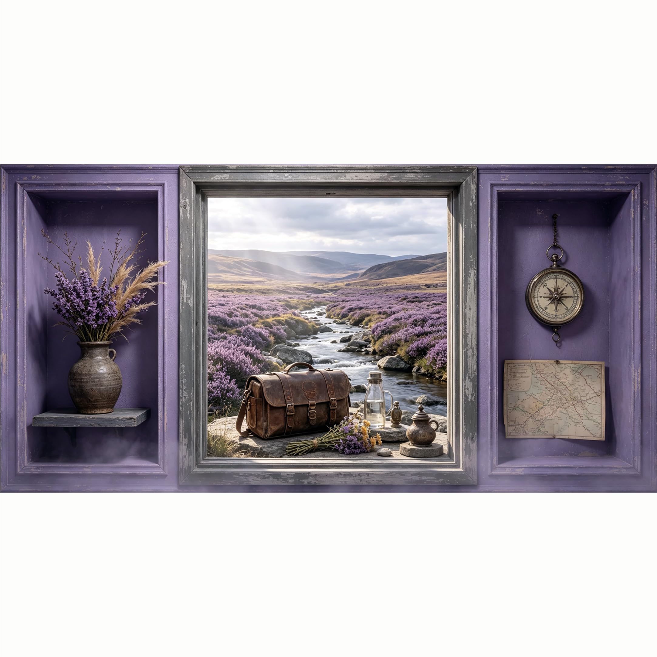 QZLITHOTIC 50x100cm 3D Framed Wall Art， Purple Lavender Field River Landscape Trompe l'oeil Self‑Adhesive Mural， Water‑Activated Peel & Stick Fabric Decor Wall Decal for Bedroom Living Room