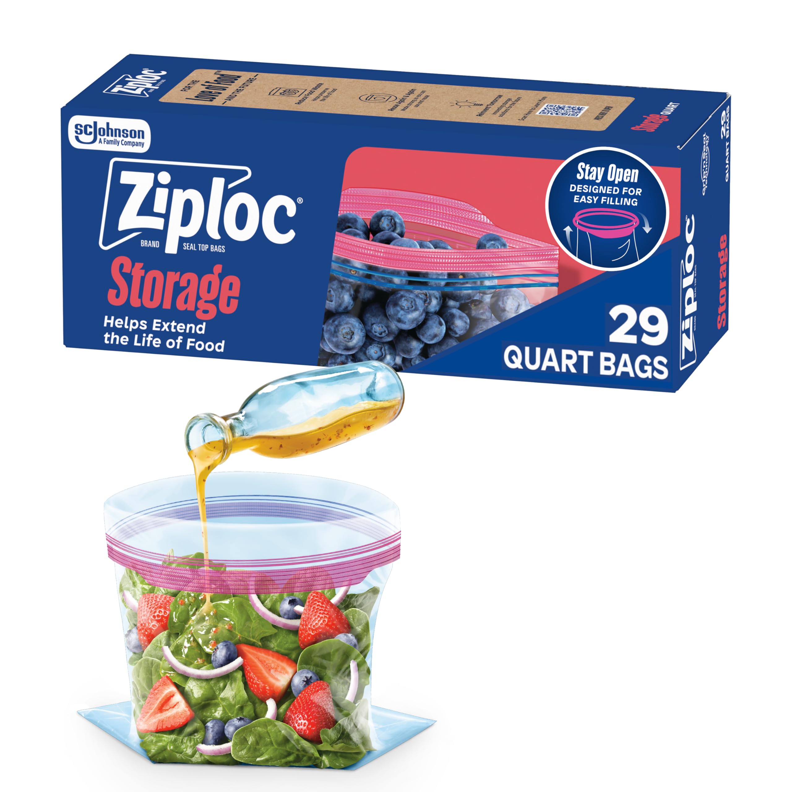 Ziploc Quart Food Storage Bags, Stand-Up Bottom, Easy to Fill, 29 Count (Packaging May Vary)