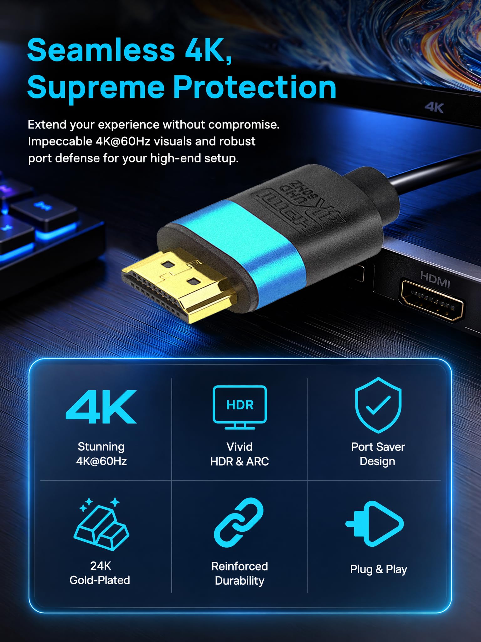 Cable HDMI largo 4K de 60 pies, cable HDMI de alta velocidad, conector dorado (azul) 4K @60Hz DTS:X, HDCP 2.2 y 2.3, HDR 10 compatible con Roku TV/PS5/HDTV/Blu-ray