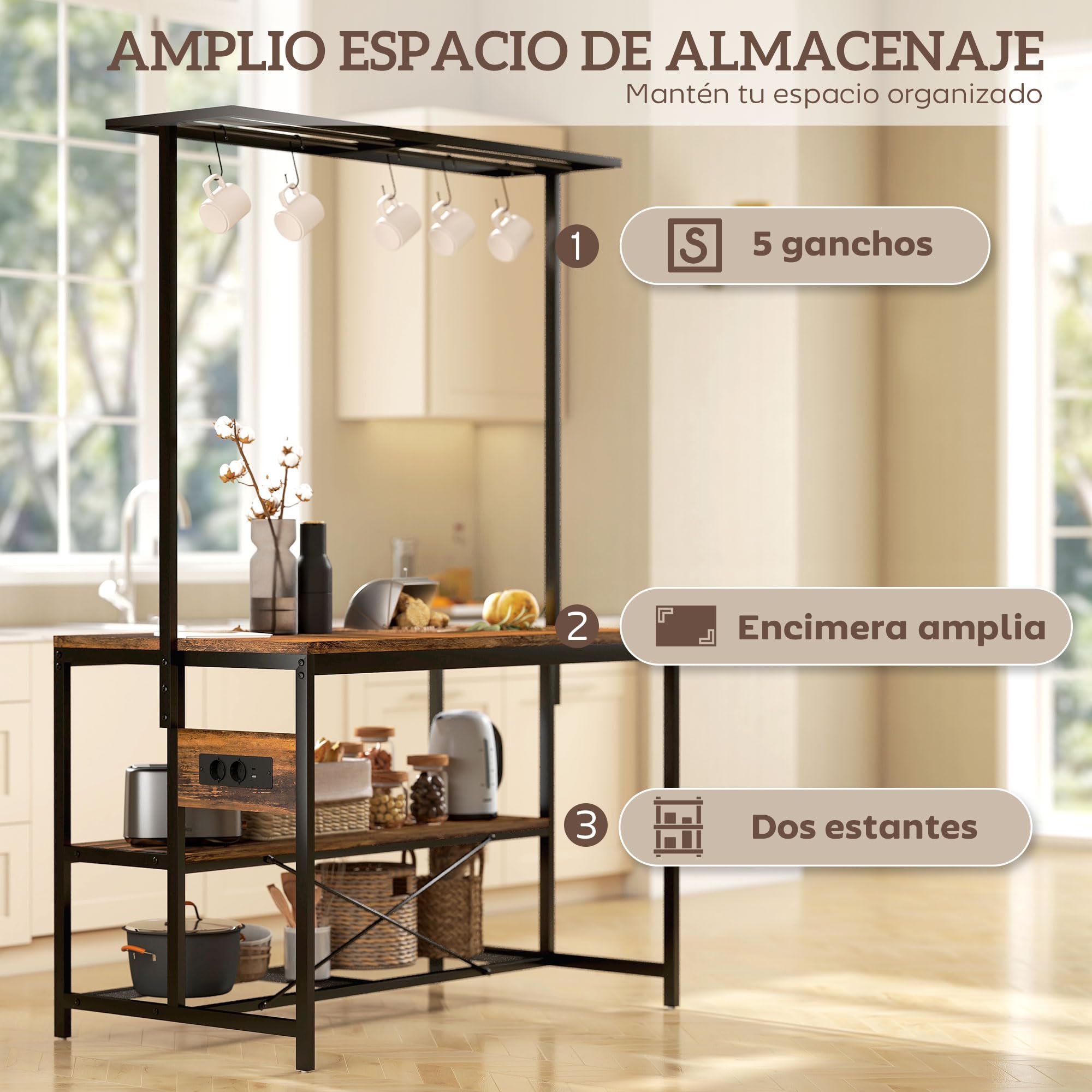 HOMCOM Estantería de Cocina Industrial con Toma de Corriente y Ganchos | Mueble Auxiliar para Salón, Estantes, Comedor, 116x70x182 cm, Marrón Rústico