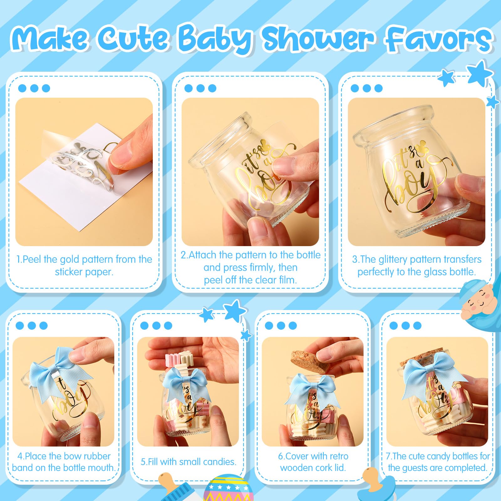 Funnymoom Glasflaschen für Babypartys, 100 ml, Milchglas mit Bändern und Aufklebern, Dekorationen für das Geschlecht, für Neugeborene, Partygeschenk, Blau, 24 Sets