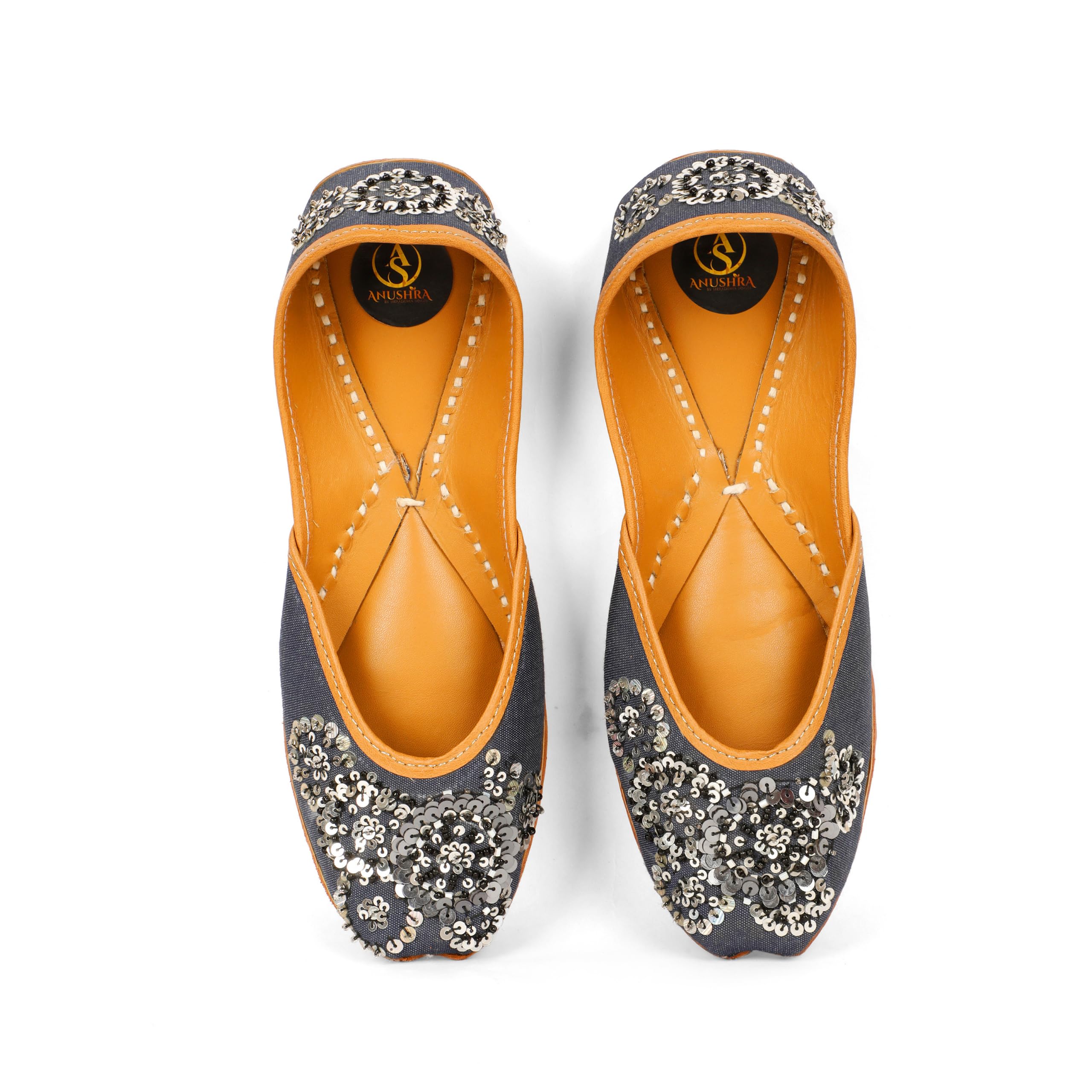 Sitara Jutti for Women, Handcrafted Navy Blue Sequin Embroidered Ethnic Footwear, Leather, Party-image-14