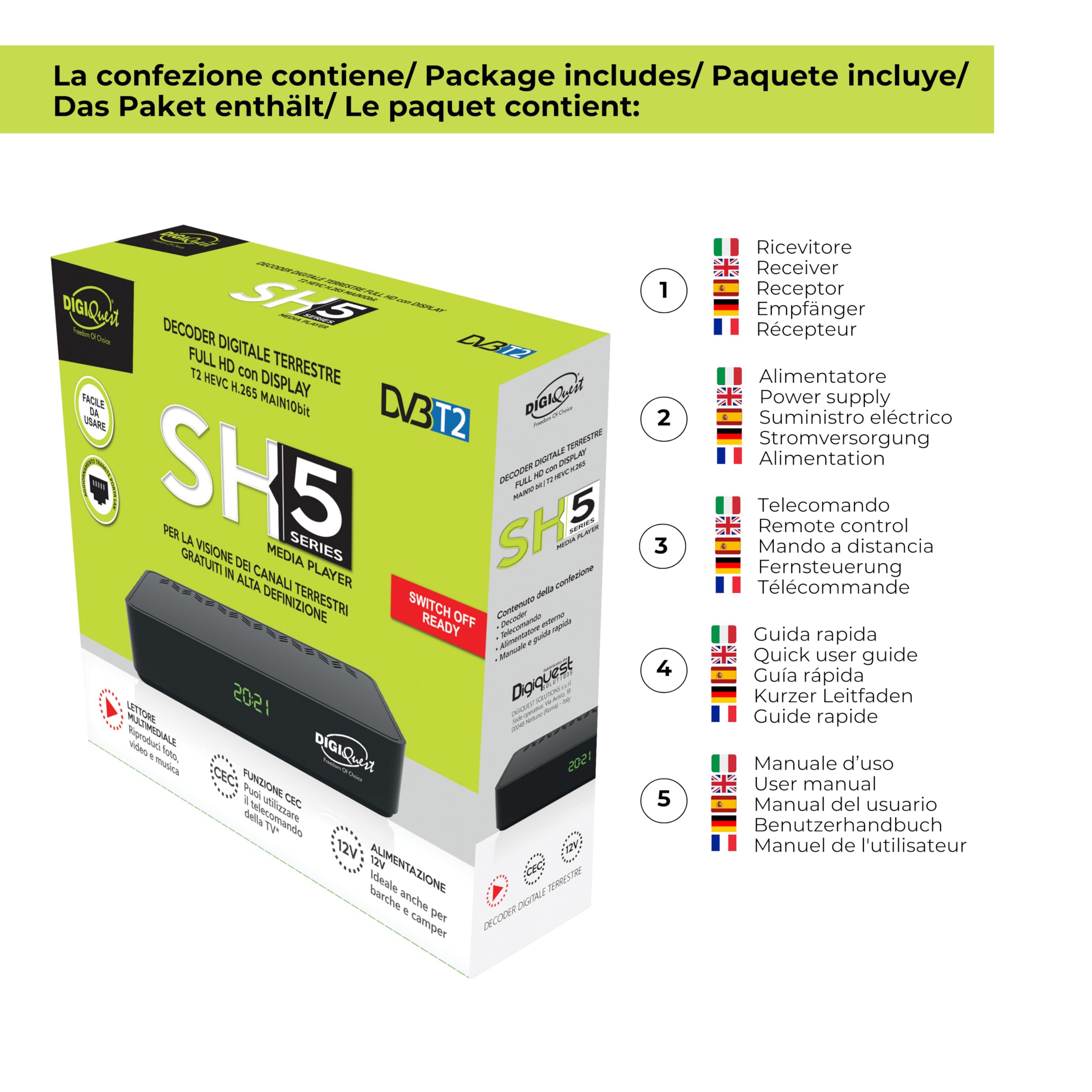 Digiquest Digital Terrestre Decodificador DVB-T2 SH-4 Mediaplayer, Negro