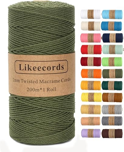 Cordón de macramé, cuerda de algodón de 0.079 in x 219 yardas, cuerda de algodón blanco natural para manualidades, tejer, colgar plantas, decoración