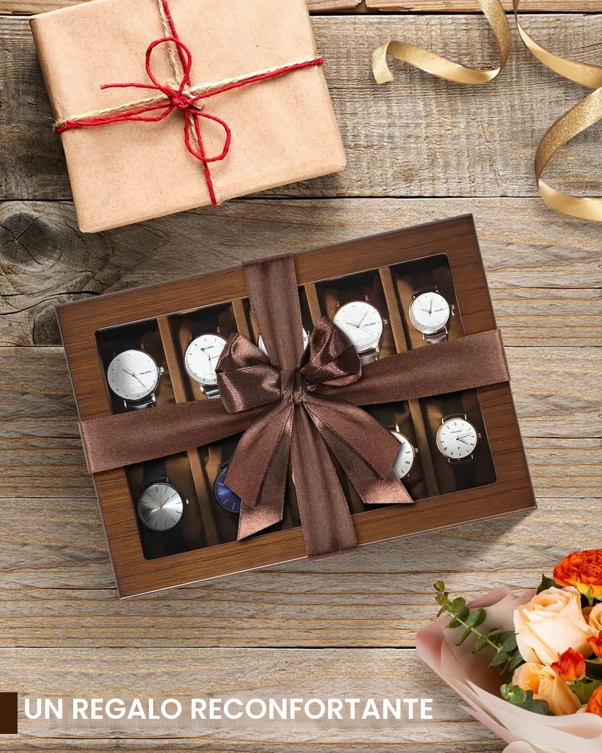 Uten Caja de reloj con 10 ranuras, organizador de relojes con cerradura dorada y llave, caja de almacenamiento de madera con cojines extraíbles para reloj, forro de terciopelo, cierre de metal, regalo