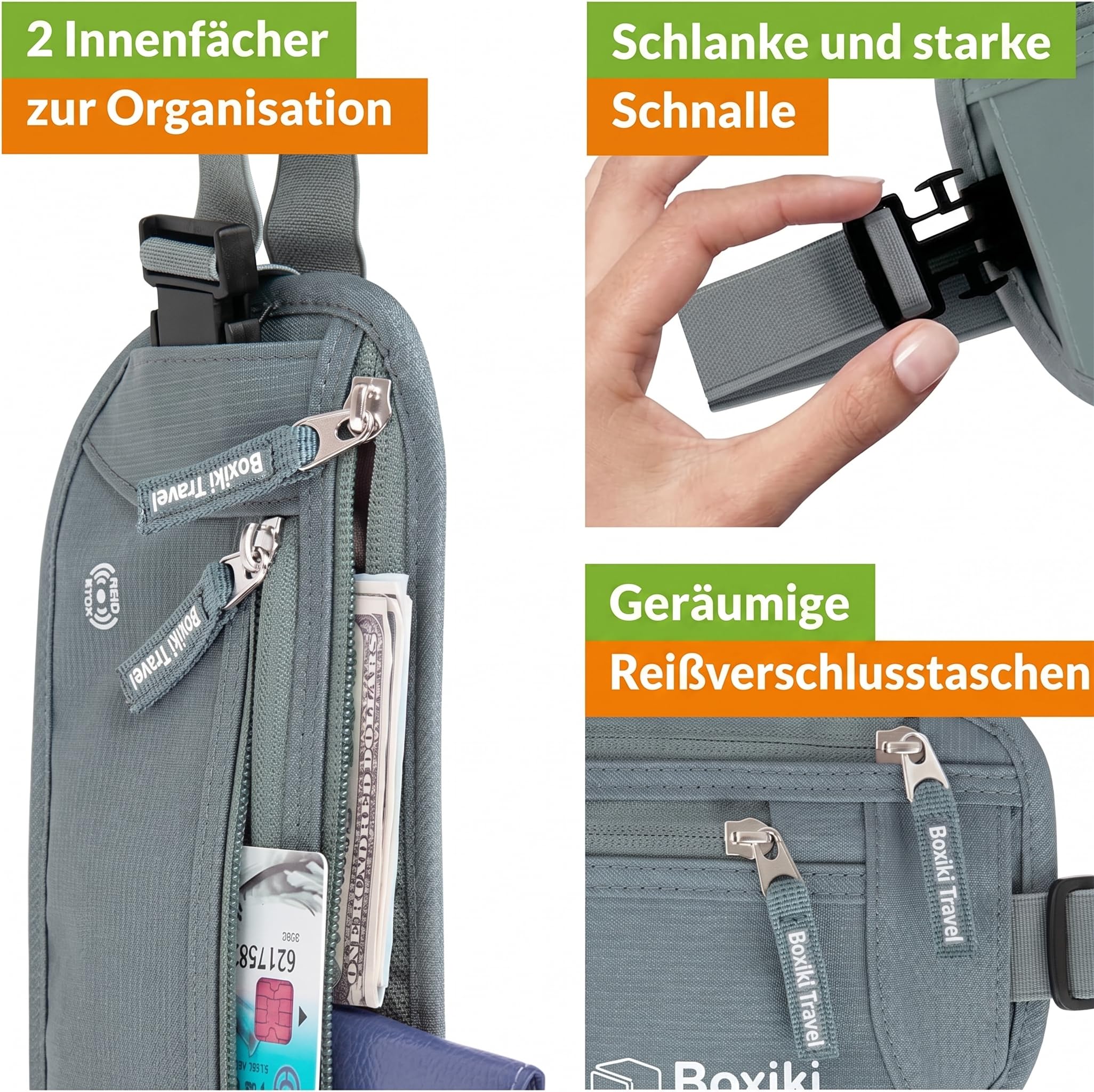 Boxiki Travel Grauer Geldgürtel + RFID-Hüllen 8 Stück (3 Kreditkarten- und 1 Reisepasshülle in Marineblau sowie 3 Kreditkarten- und 1 Reisepasshülle in Weiß)