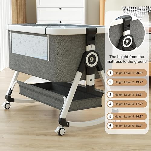 Miniatura 6 de Cuna de bebé 3 en 1, cama de noche con cesta de almacenamiento y ruedas, cuna de bebé portátil con mosquitera, altura ajustable 6 y malla