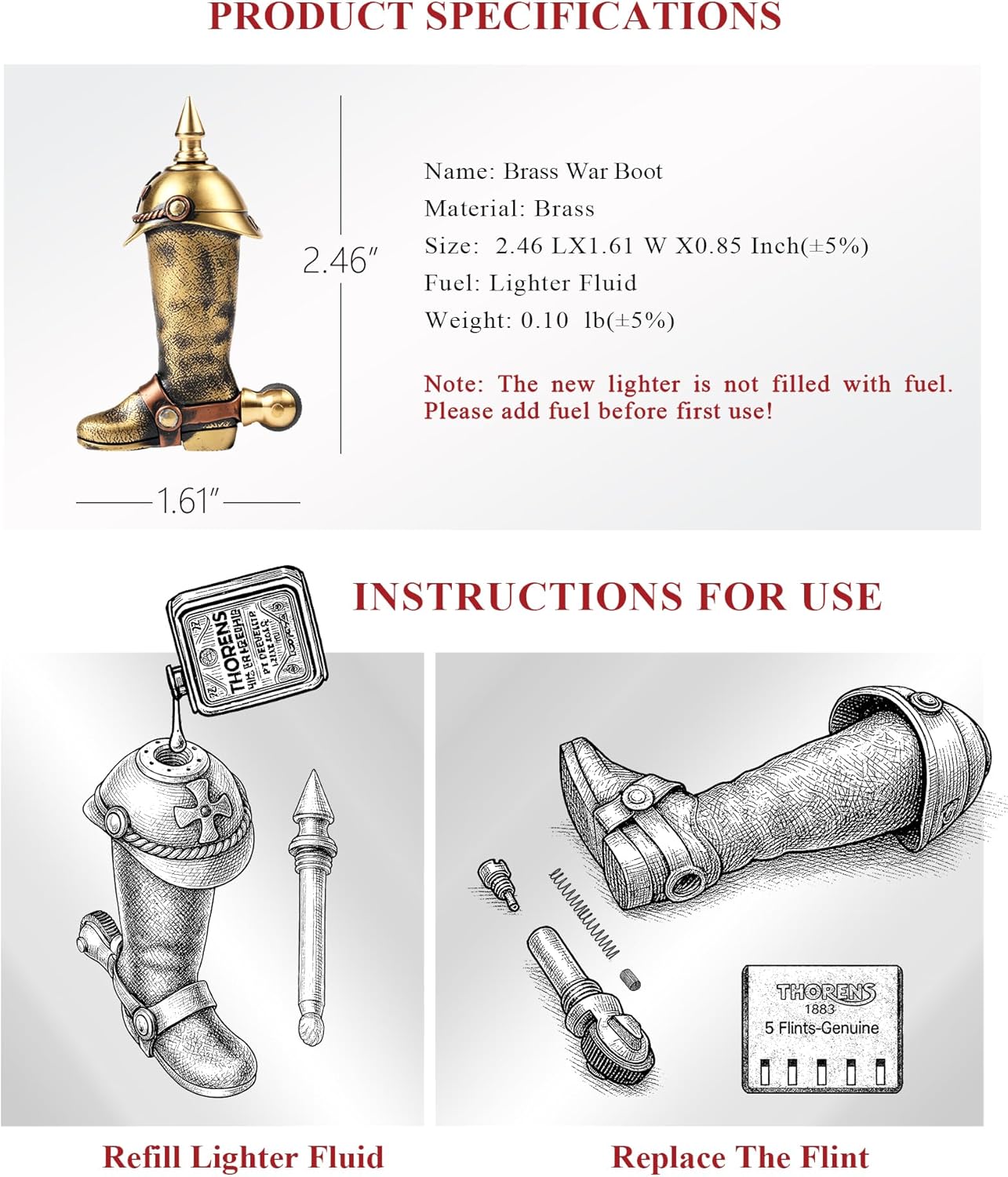 THORENS Knight’s Boot Brass Permanent Match,Creative Vintage EDC Refillable Kerosene Flint Wheel Lighter,Windproof Waterproof Outdoor,Pipe Lighters,Collectible Gift for Men,Christmas & Everyday Carry