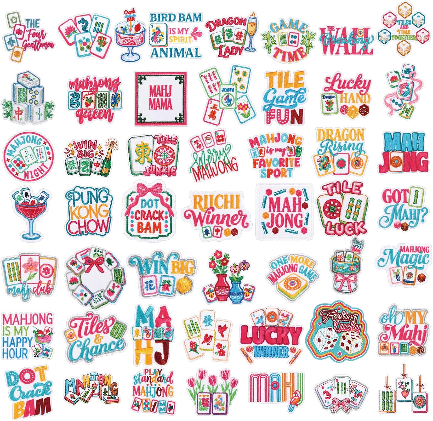 Wavwavw 50 Pcs Mahjong Iron on Patches Mahjong Tile Game Embroidered Patch