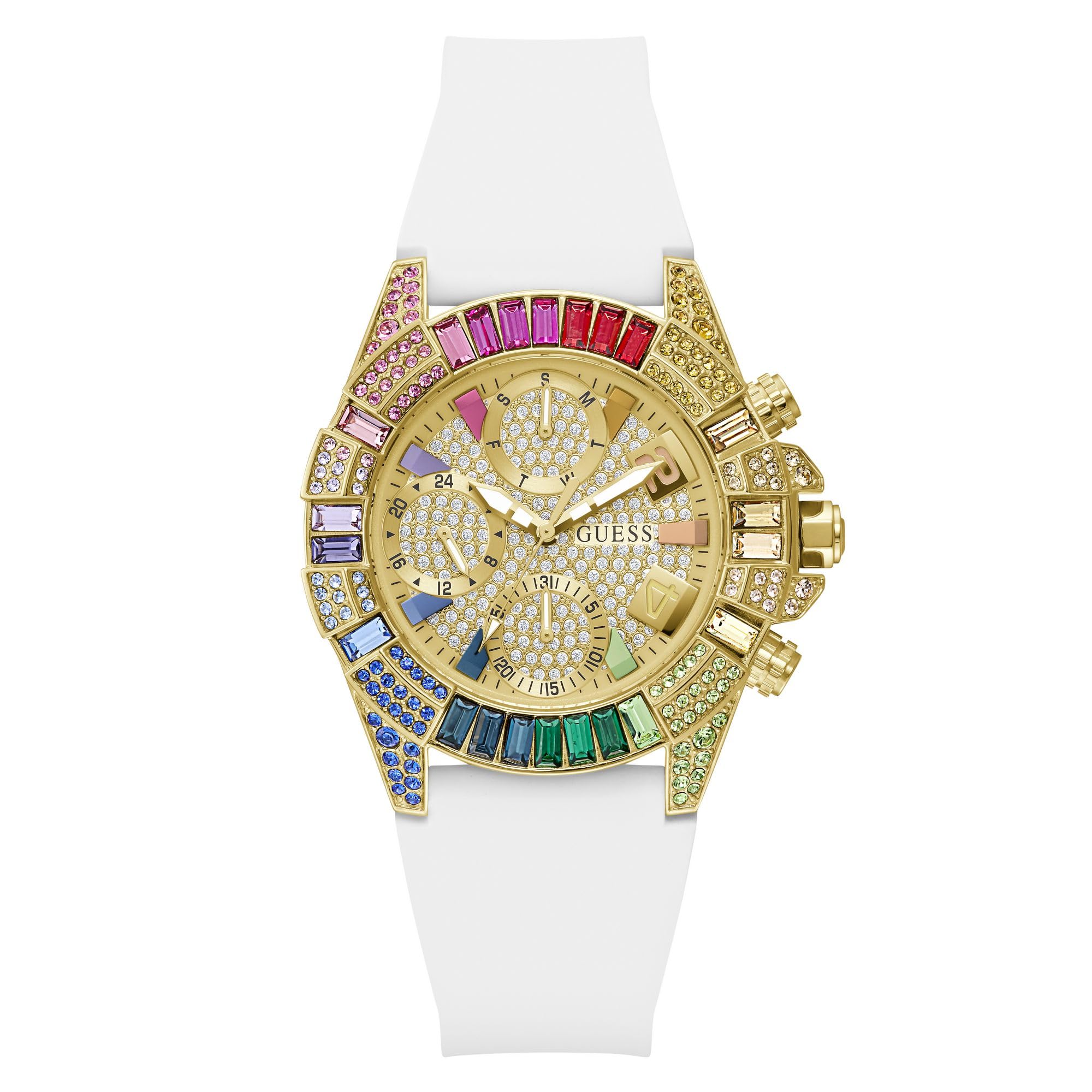Guess True, Damen Armbanduhr, Quarz Analog, Edelstahl, 39mm, Silikonarmband, Weiß, 5 bar, Zifferblattfarbe: Champagner, Datumsanzeige, GW1047L2