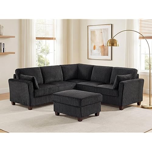 VANOMi 90.6'' Cloud Sectional Couch, L Shaped Modular Sofa for Living Room, 4 Seat Cozy Sectional Sofa with Storage Ottoman, Modern Corduroy Couches, Charcoal Black