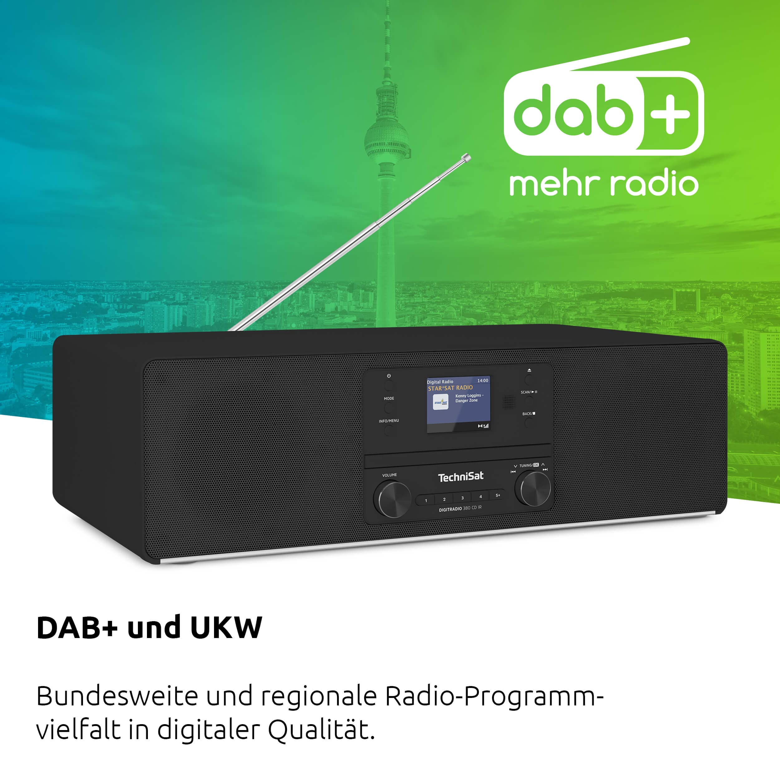TechniSat DIGITRADIO 380 CD IR - DAB+/UKW/Internet-Stereoradio (CD-Player, Bluetooth, USB, Spotify Free, App-Steuerung, 2 x 20 W, Stereo-Kompaktanlage, Farbdisplay, Wecker, Fernbedienung) schwarz