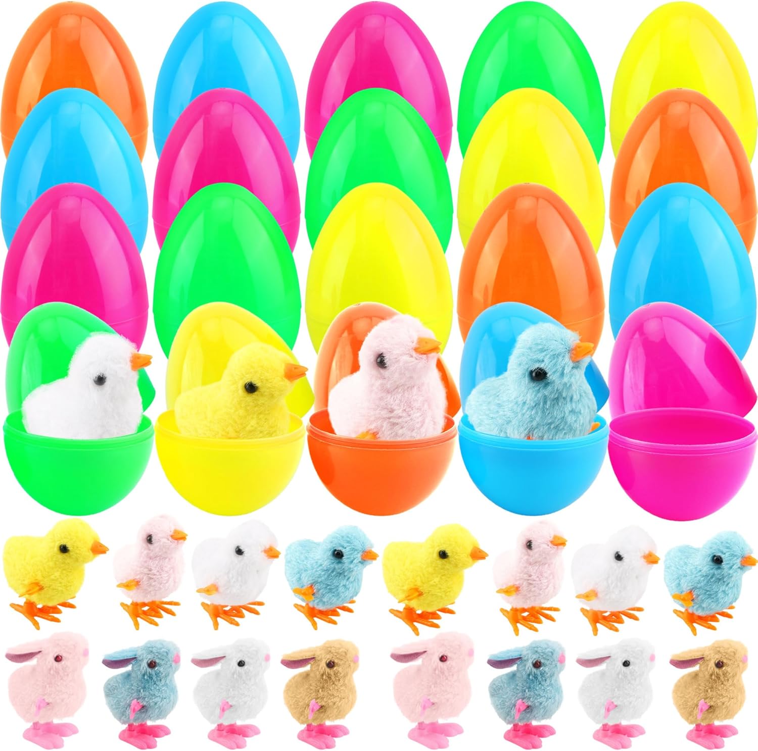 40 Pack Easter Eggs Prefilled Wind Up Chick and Hopping Plush Bunny Toy for Egg Hunt Game Basket Stuffers Easter Party Supplies