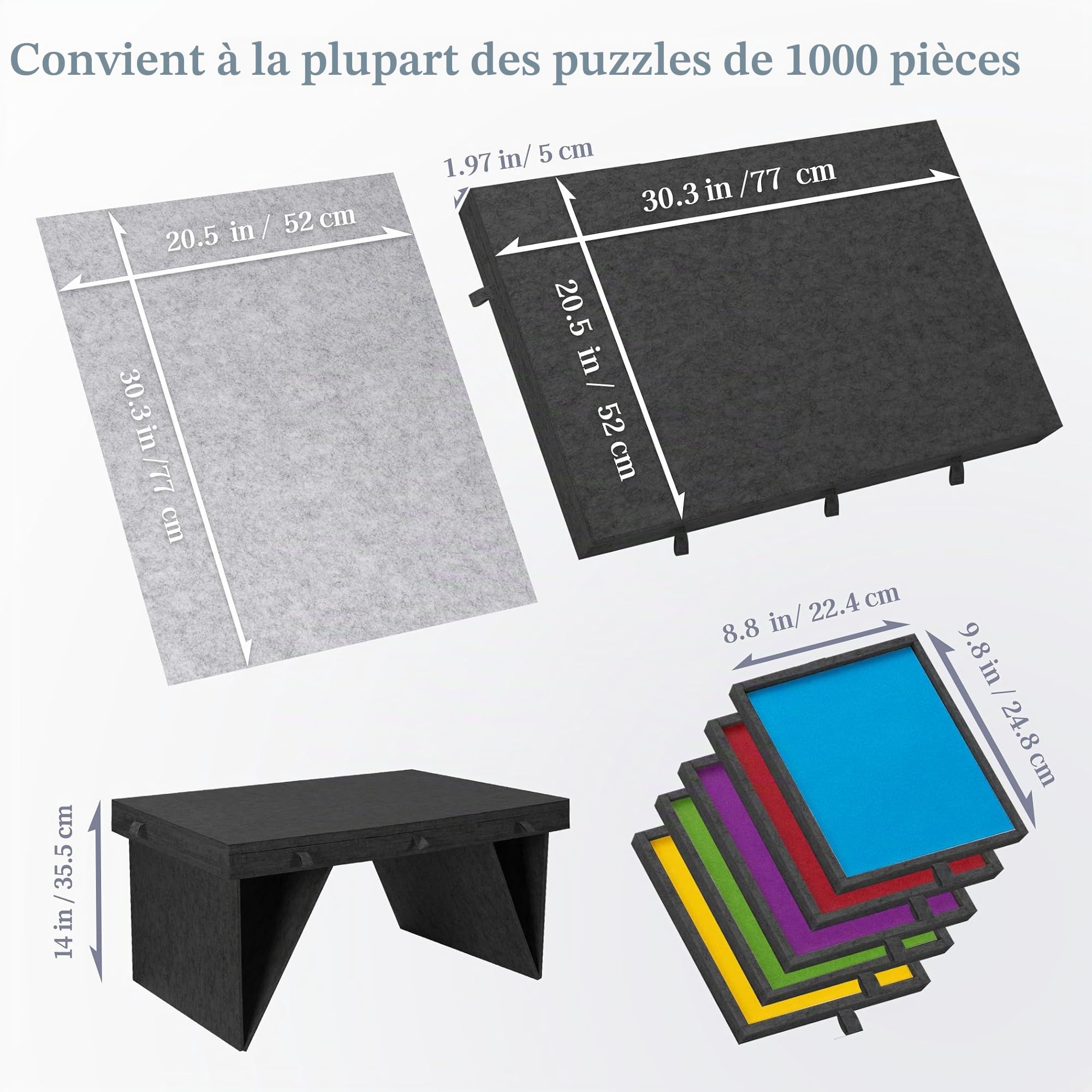 Planche à puzzle de 1000 pièces avec 5 tiroirs colorés et couvercle, table de puzzle avec pieds pliables pour adultes, légère et portable, pour puzzles de 1000 pièces, gris