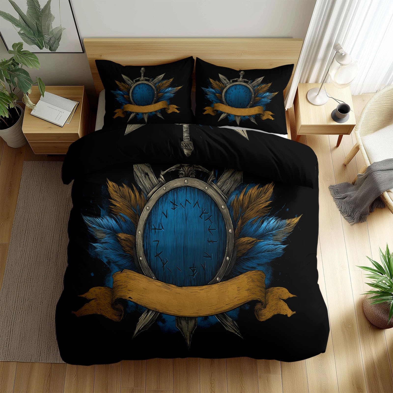 Poszwa na kołdrę 105 Vintage Miecz i Pióro Tarcza 200 x 200 cm Miękki Zestaw Pościeli, Czarny Zestaw Poszewek Z Mikrofibry Edredon i 2 Poszewki Na Poduszki Łatwa Pielęgnacja