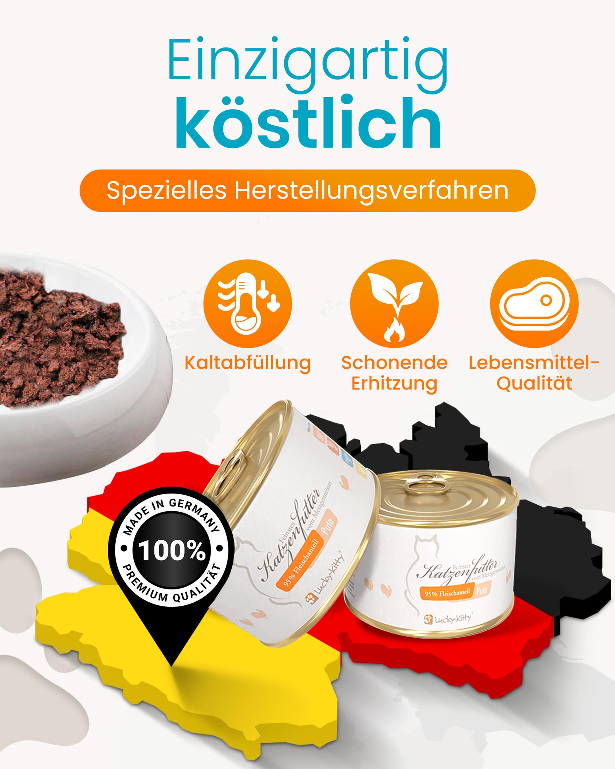 Lucky-Kitty Katzenfutter Nass Pute, 95% Fleisch, Monoprotein, 16x200g | 95% Fleisch, Ohne Getreide & Zucker, Lebensmittelqualität, Keine Zusätze, Made in Germany
