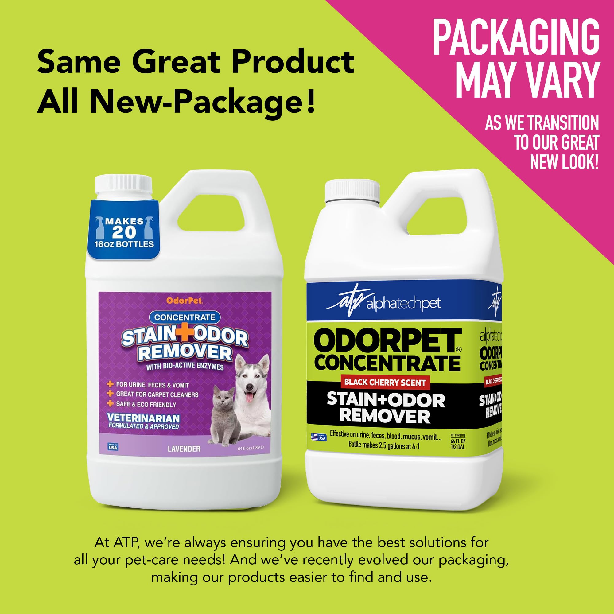 OdorPet Alpha Tech Pet - Eliminador Concentrado de Manchas y olores, 64 onzas (Hace 2.55 galones de solución de Trabajo), eliminador de olores de Mascotas con Aroma a Cereza Negra para alfombras,