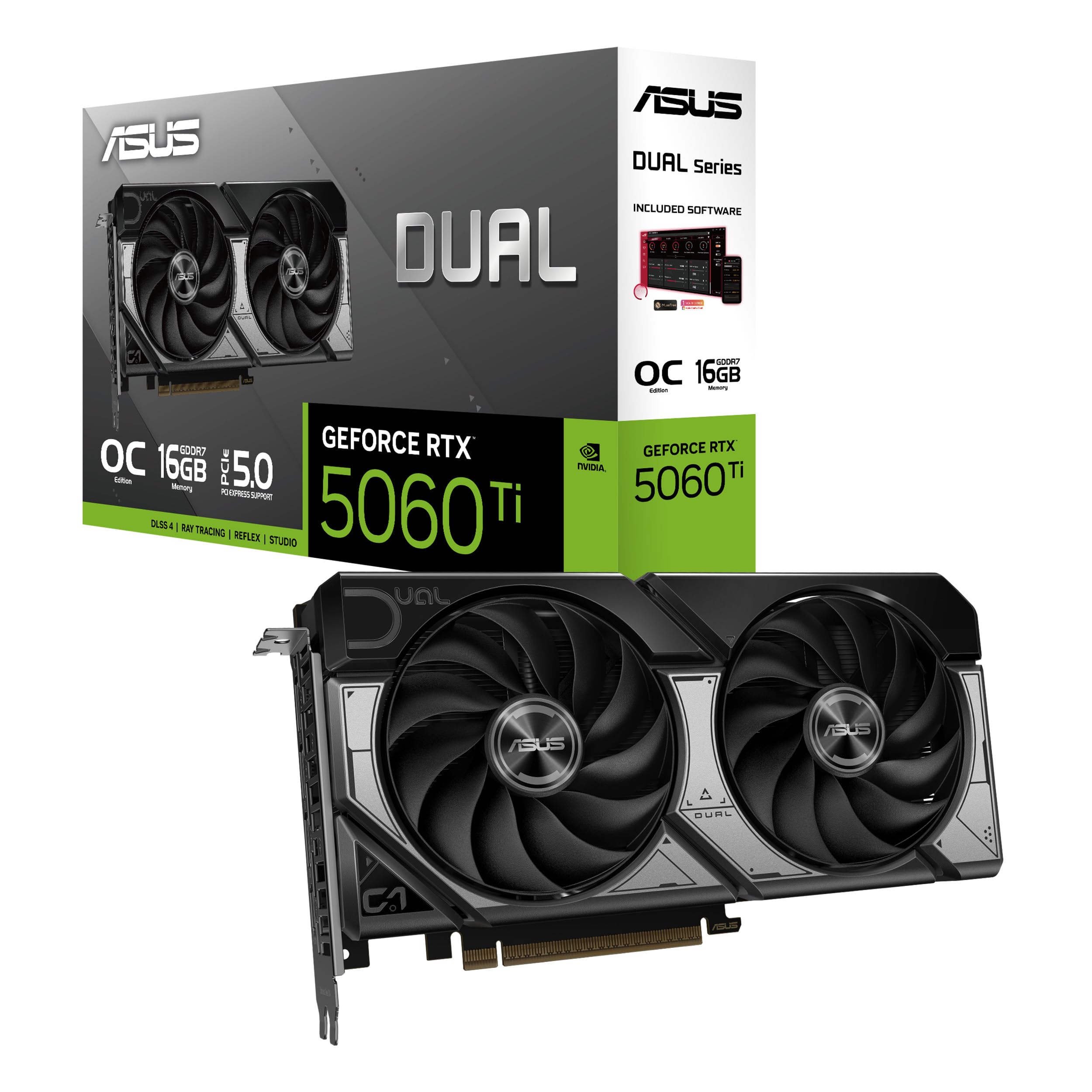 ASUS Dual GeForce RTX 5060 Ti 16GB GDDR7 OC Edition (PCIe 5.0, 16GB GDDR7, DLSS 4, HDMI 2.1b, DisplayPort 2.1b, diseño de 2.5 Ranuras, diseño de Ventilador Axial-Tech, tecnología 0dB)