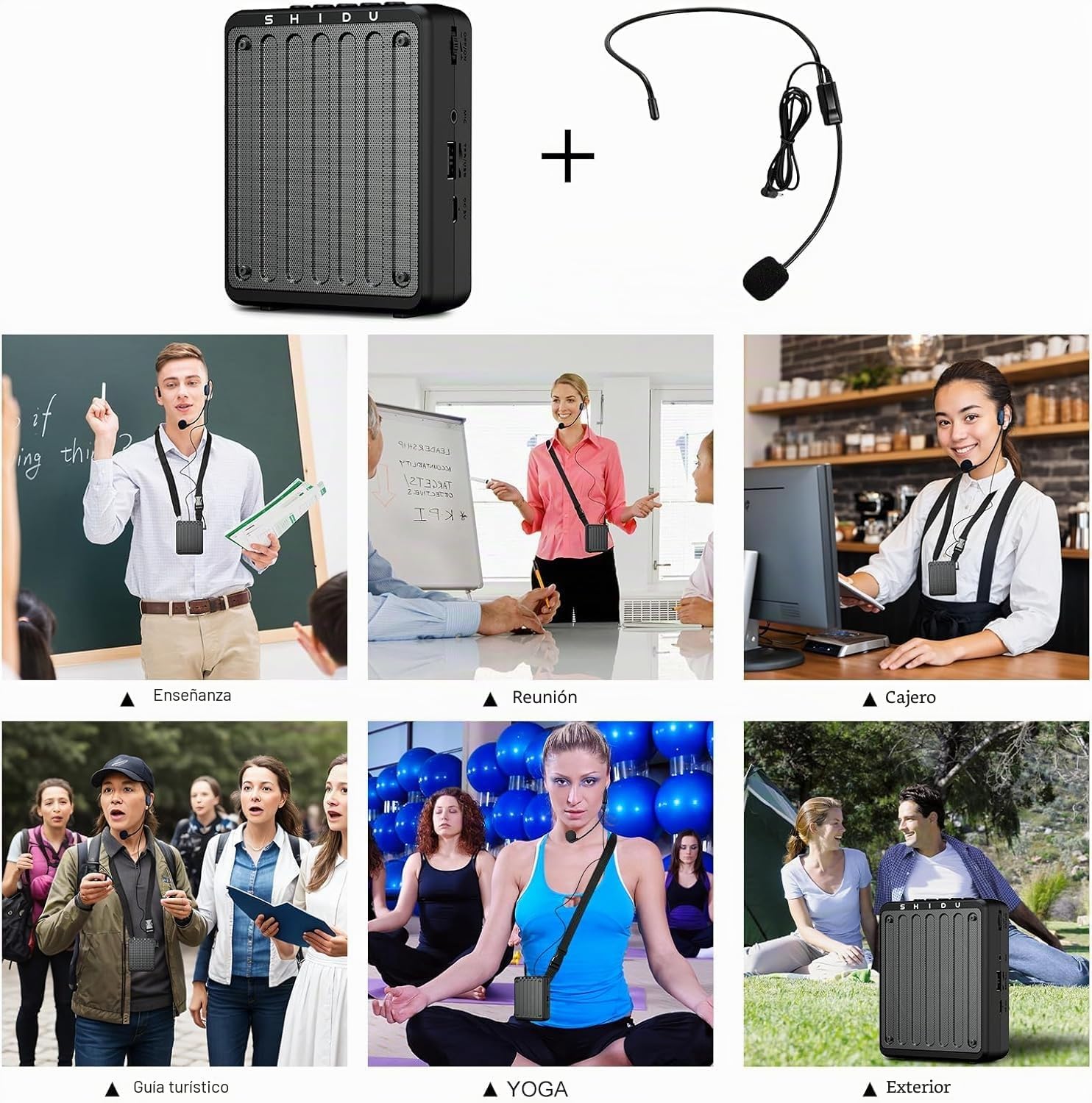 SHIDU Mini amplificador de voz recargable portátil para profesores con micrófono con cable y cintura, compatible con audio en formato MP3 para habla, clase, entrenamiento, guía turística,