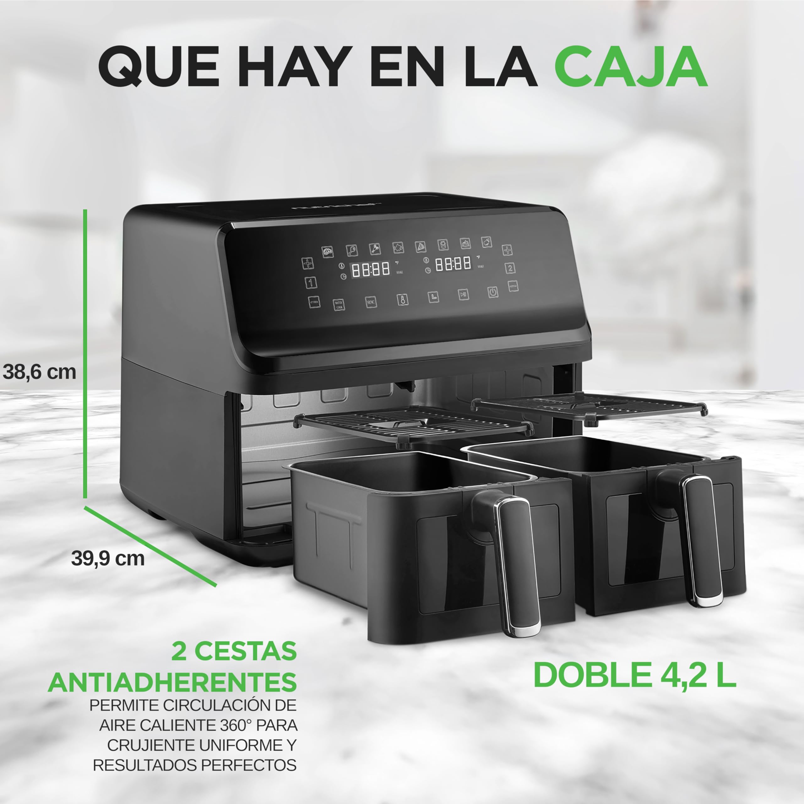 Nutrichef Freidora de Aire, 8.3L, Doble Canasta, Capacidad de 4.1L por Cesta, 9 Modos de Coccion Preestablecidos, Tamaño Familiar