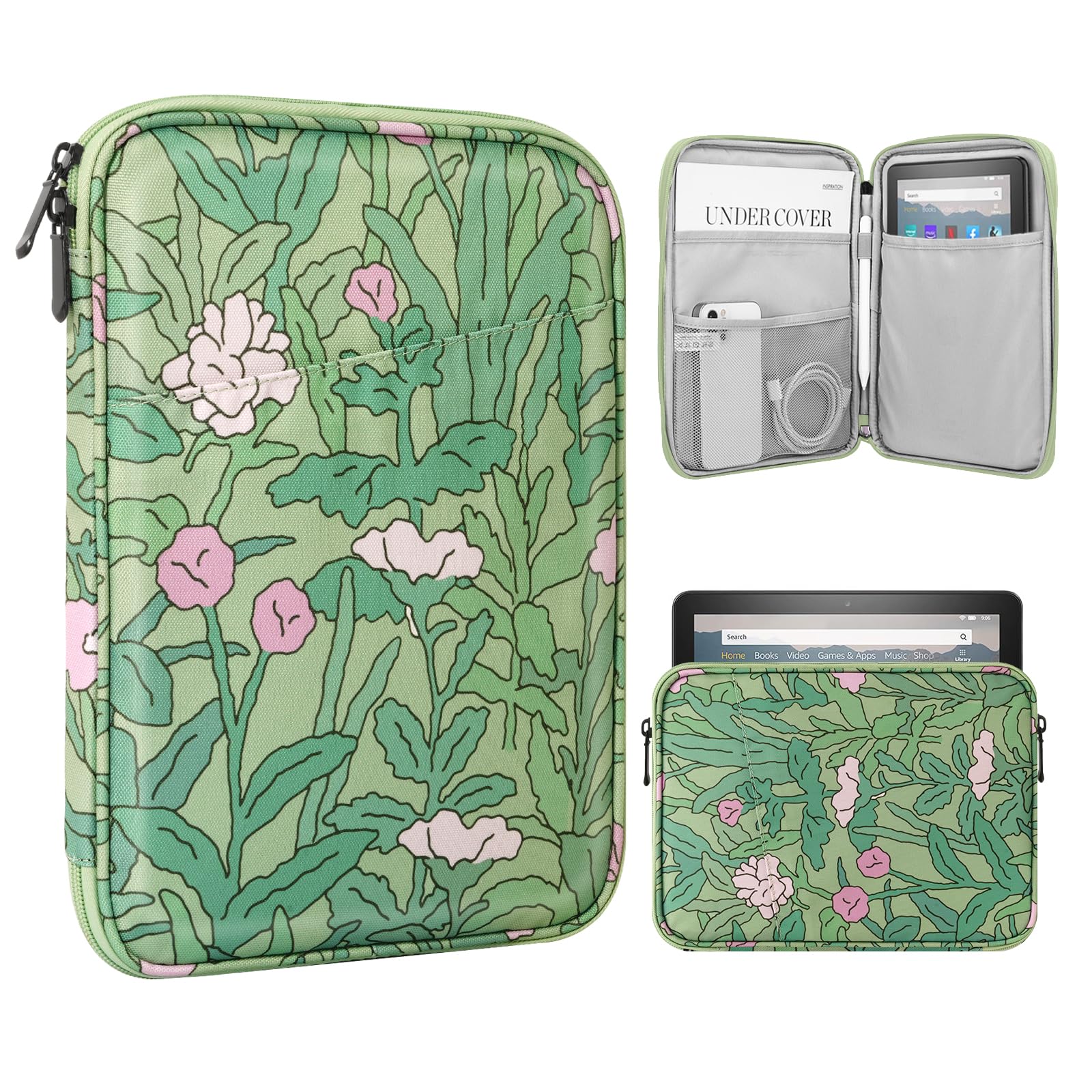 TiMOVO 8-9 Zoll Tablet Tasche für das Neue iPad mini 7 (A17 Pro, 2024), iPad mini 6 (8,3-Zoll, 2021), iPad mini 5/4/3/2/1, Tragbare Schutztasche für iPad mini, Grüne Blume