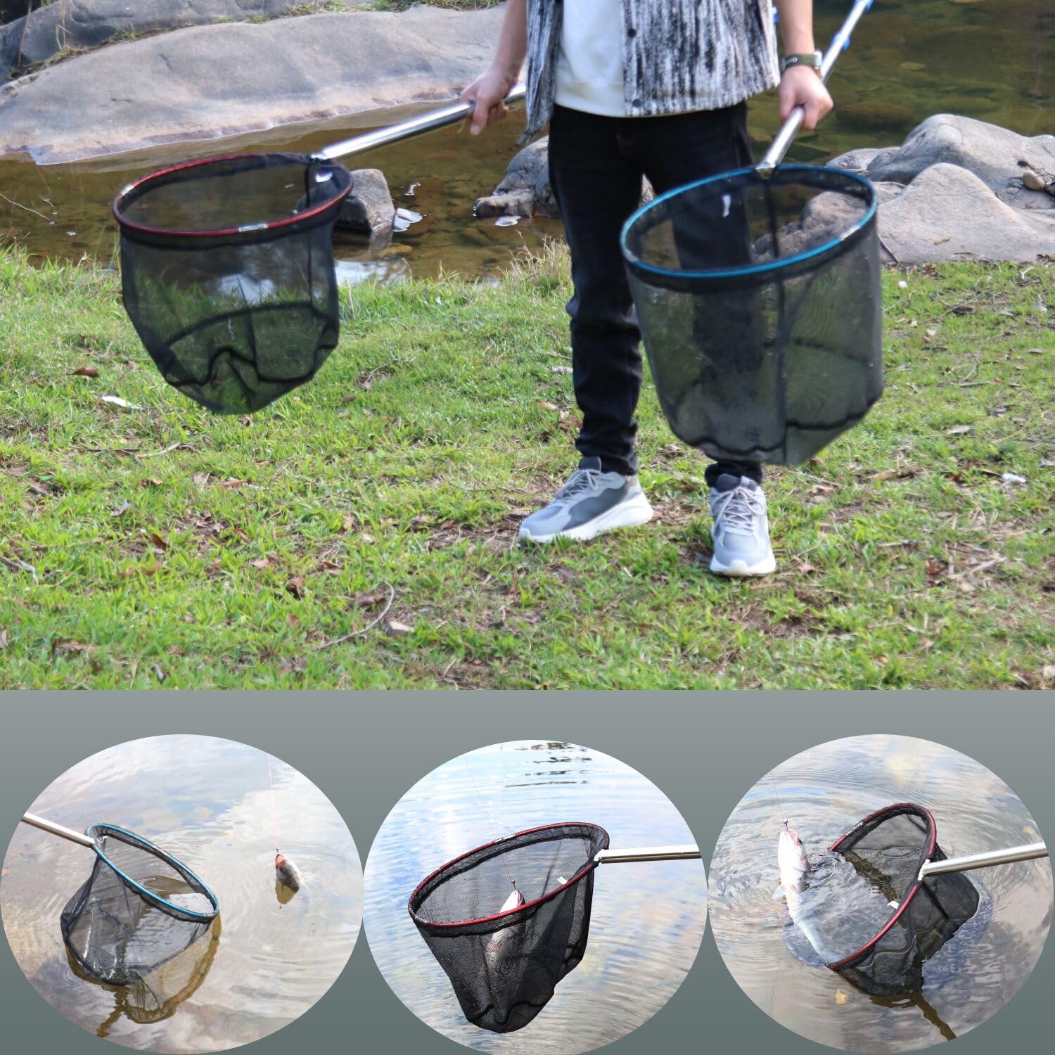Paquete de 2 redes de pesca retráctiles ligeras con mango de caña de aluminio, redes de pesca para niños, redes de pesca para jóvenes, redes de captura y liberación de mariposas