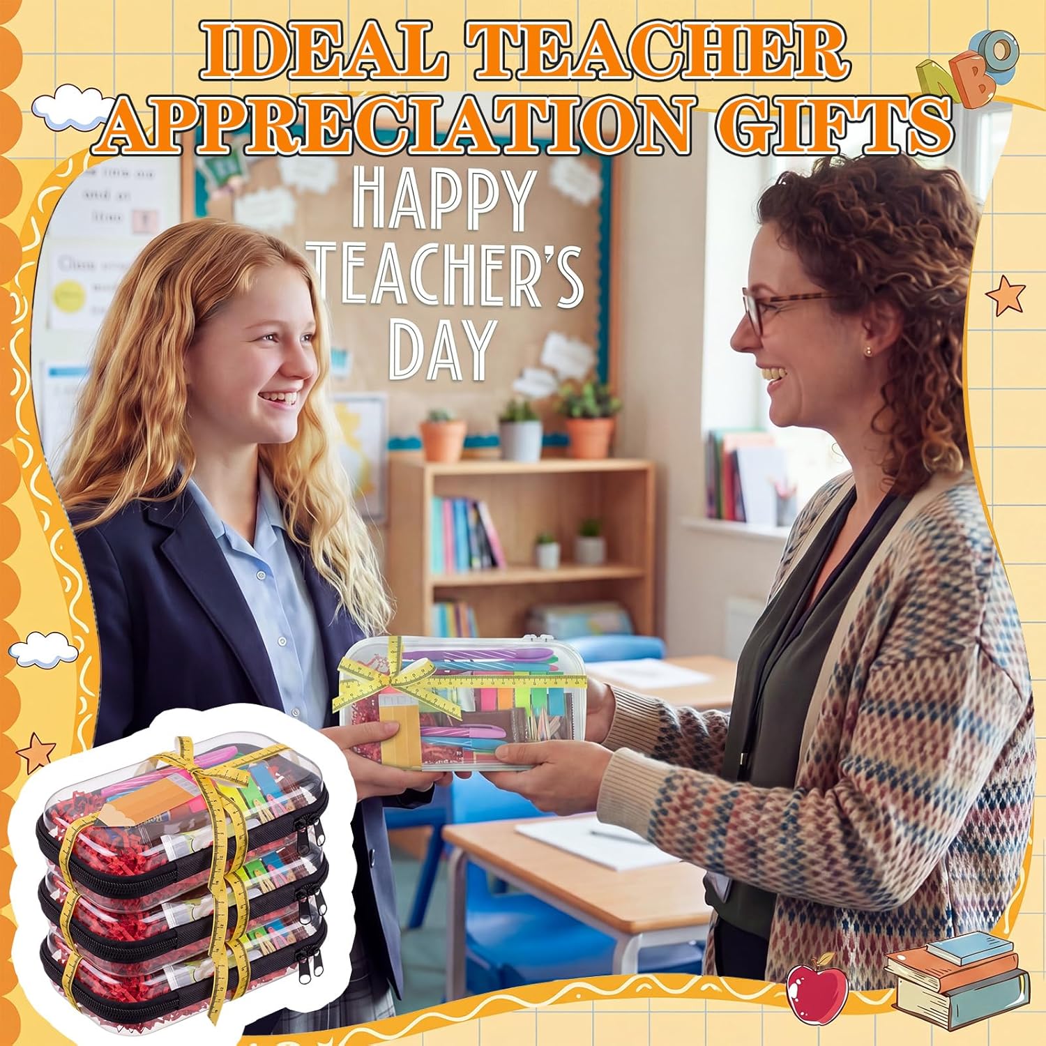 8 Sets Teacher Appreciation Gifts Clear Hard Zipper Case with Greeting Card and Ribbon Thank You Gift for Teacher Supplies